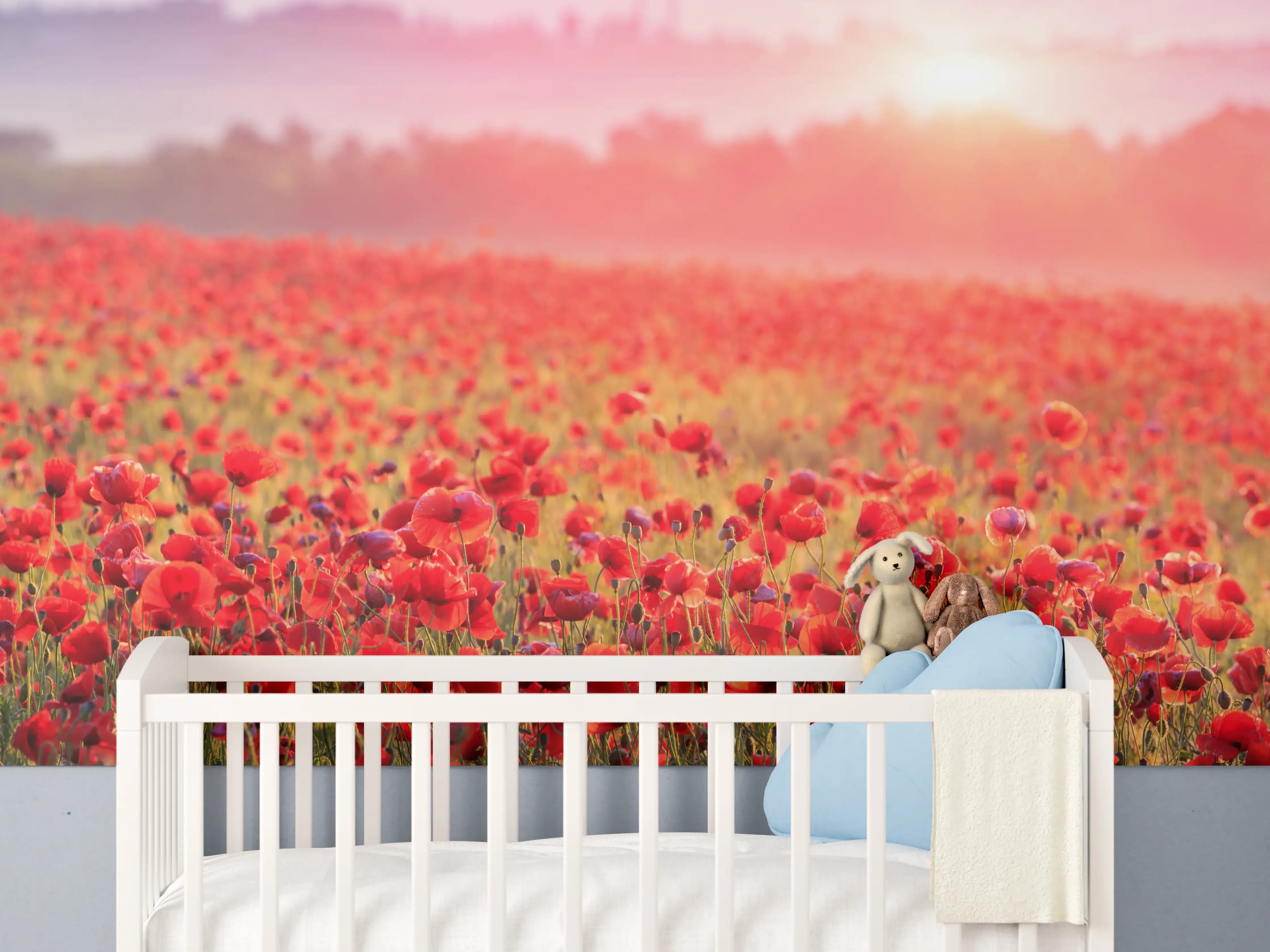 Babyzimmer Wandgestaltung - Idyllisches Mohnfeld bei Sonnenuntergang