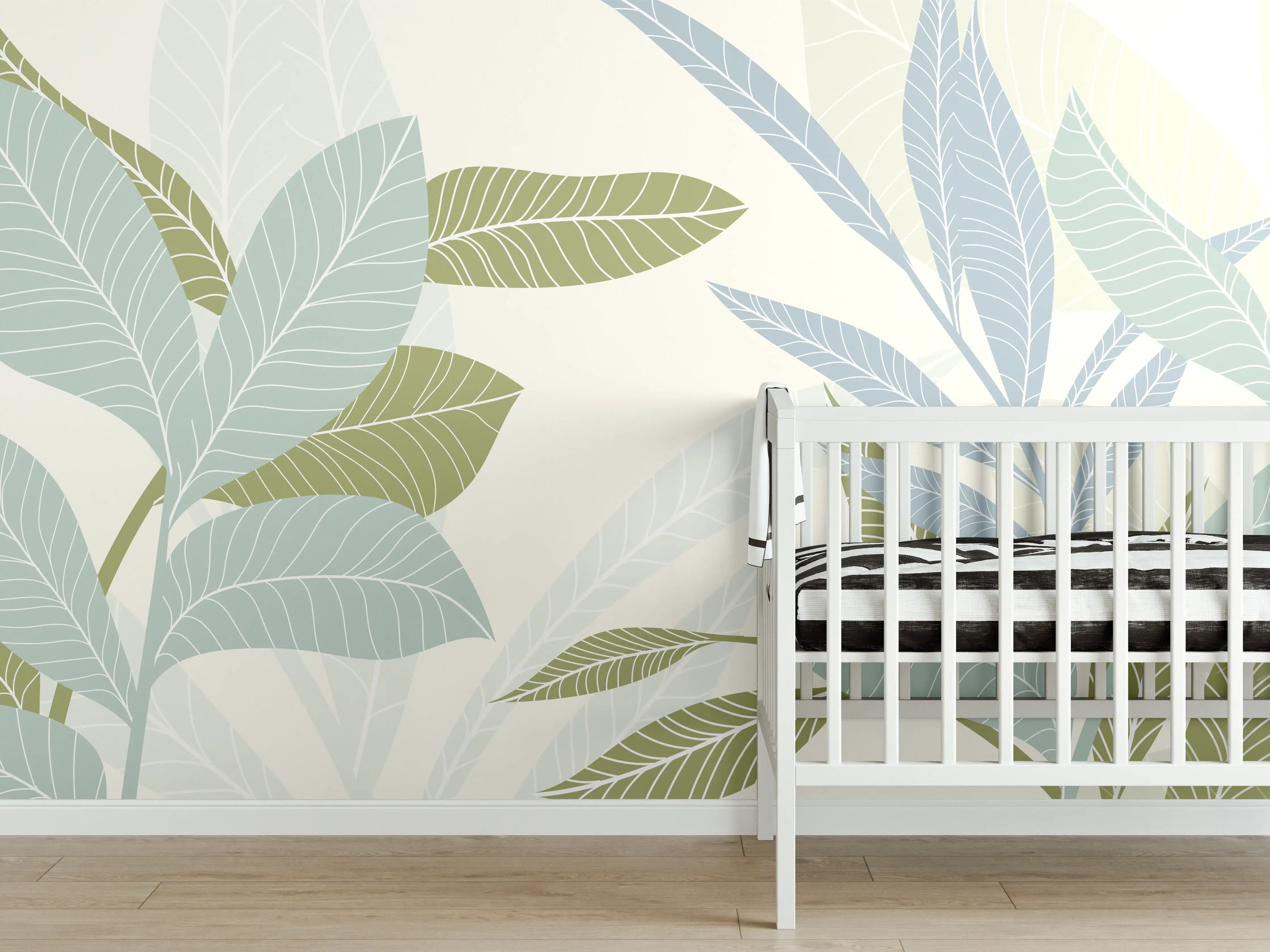 Babyzimmer Wandgestaltung - Illustrierte Blättermotiv Tapete