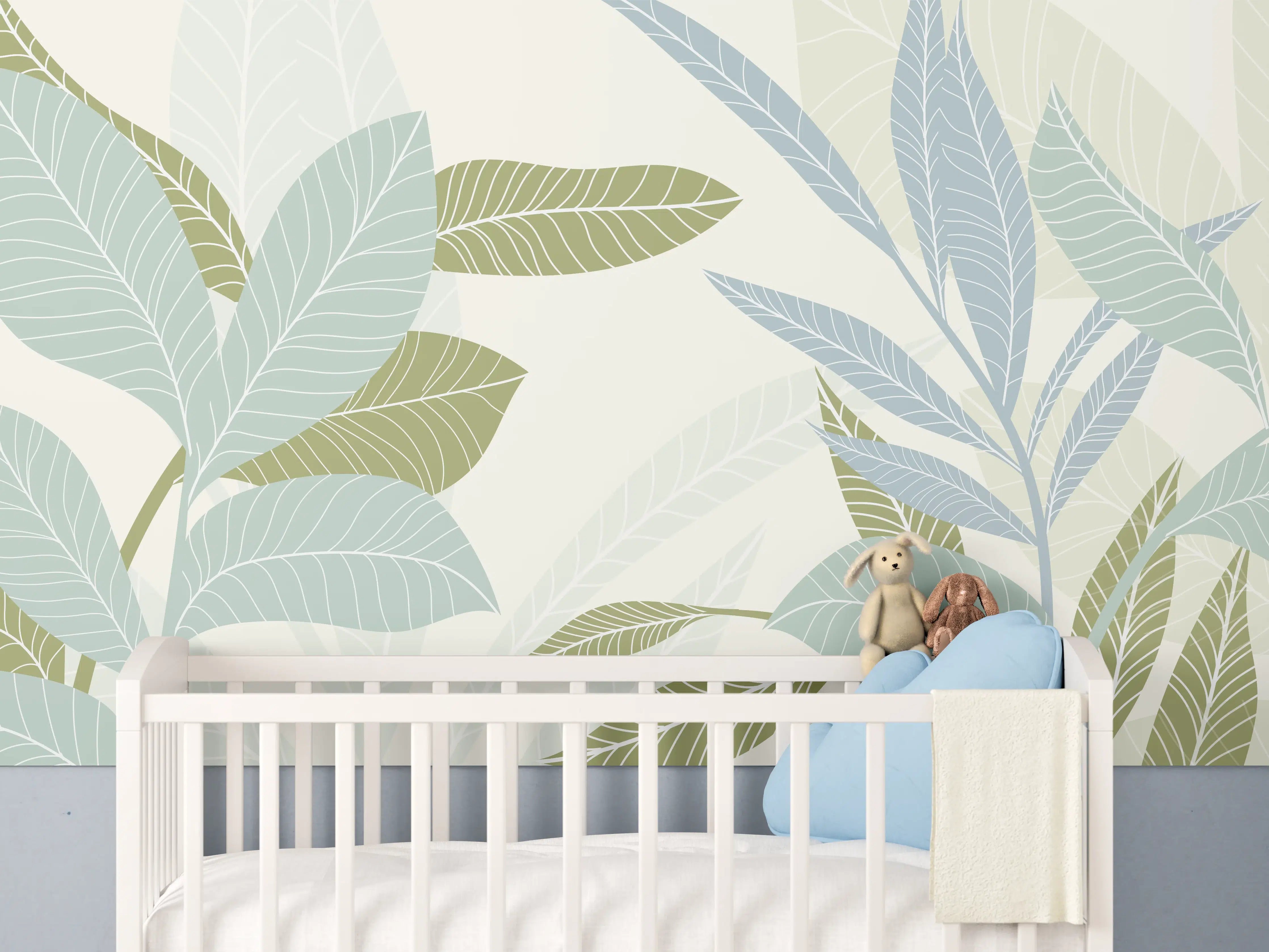 Babyzimmer Wandgestaltung - Illustrierte Blättermotiv Tapete