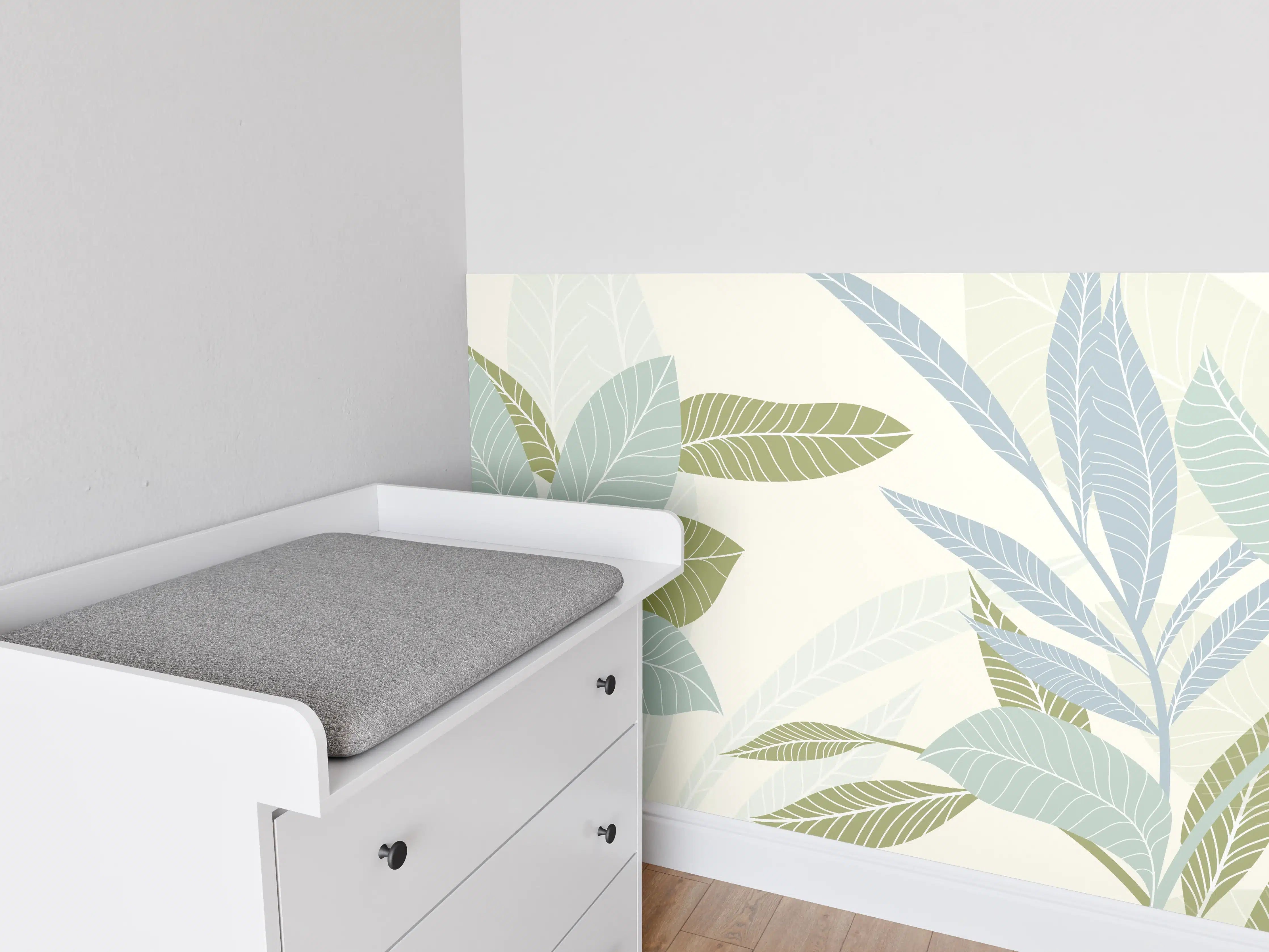 Babyzimmer Wandgestaltung - Illustrierte Blättermotiv Tapete