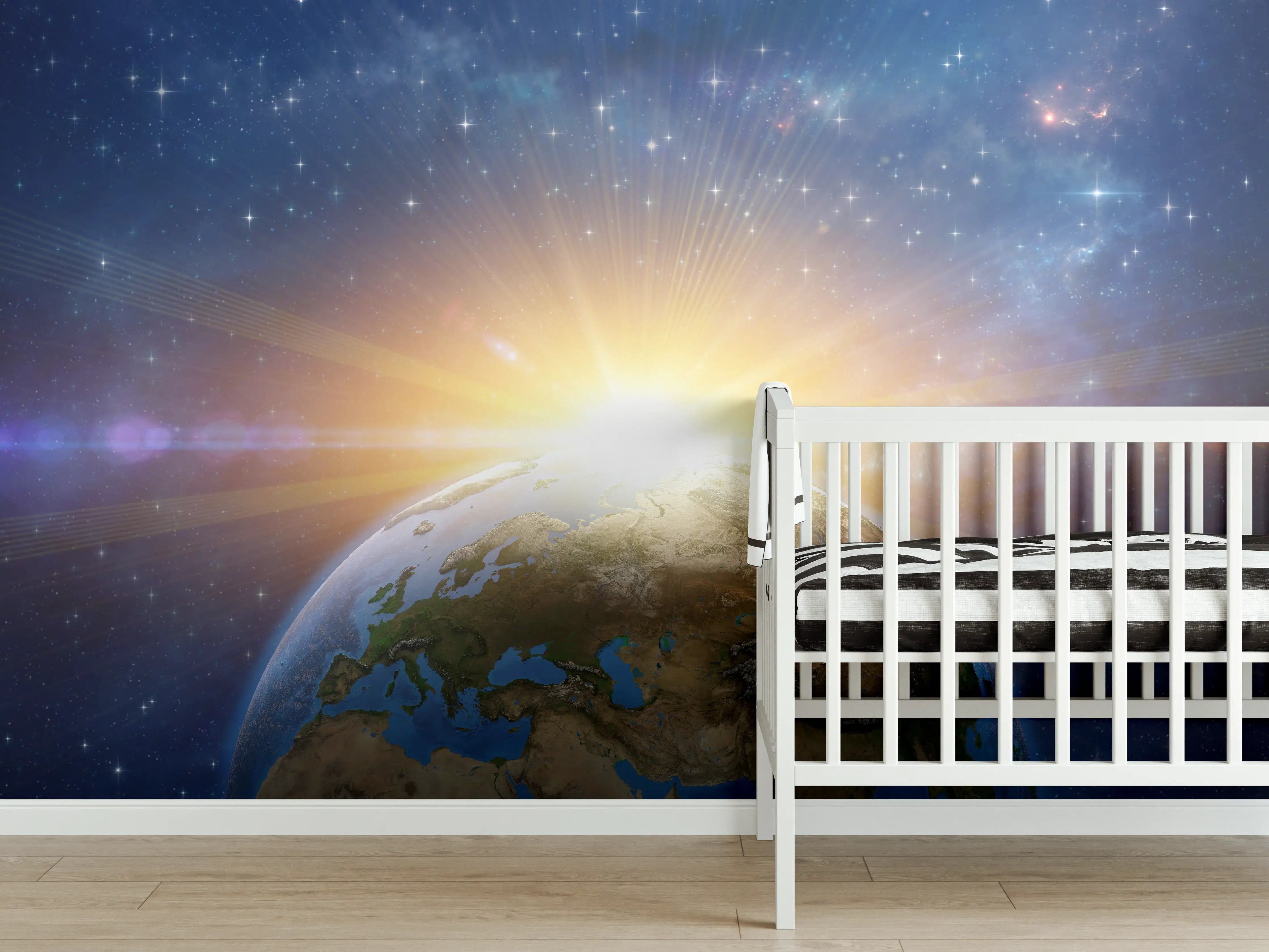 Babyzimmer Wandgestaltung - Illustrierter Sonnenaufgang aus dem Weltall