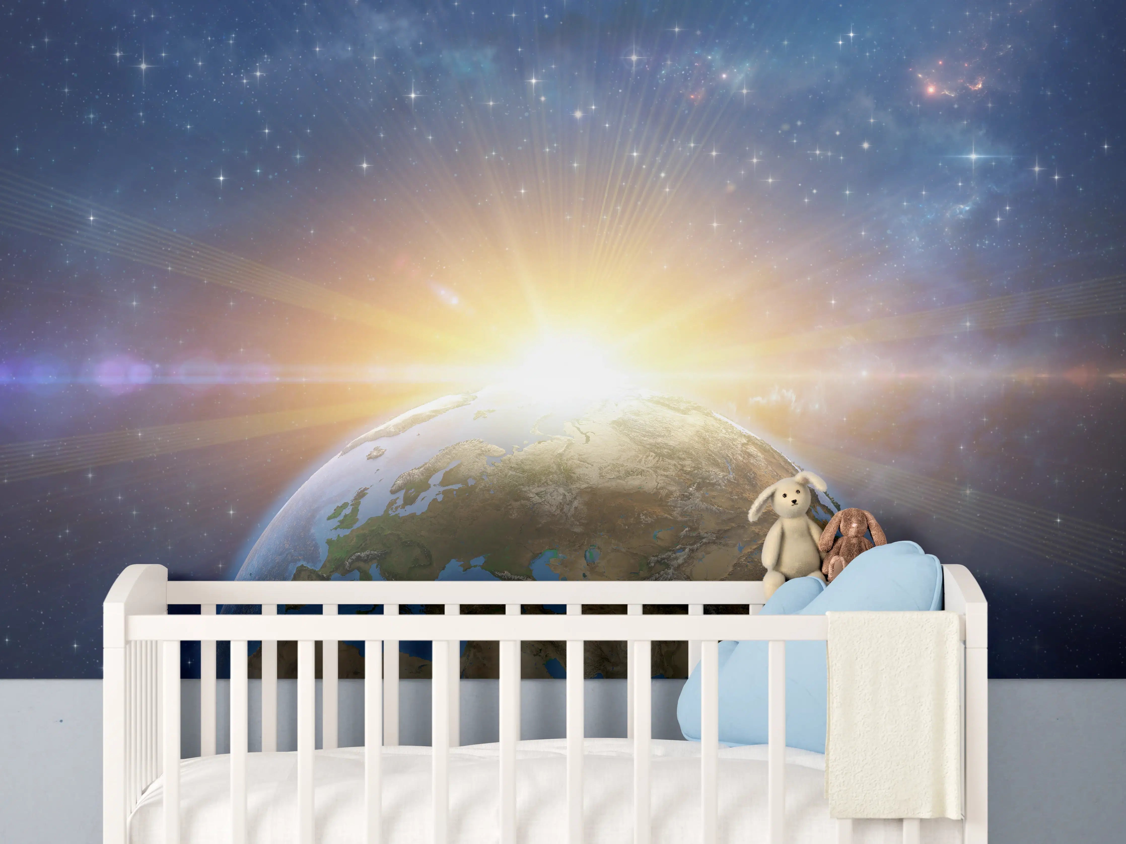 Babyzimmer Wandgestaltung - Illustrierter Sonnenaufgang aus dem Weltall