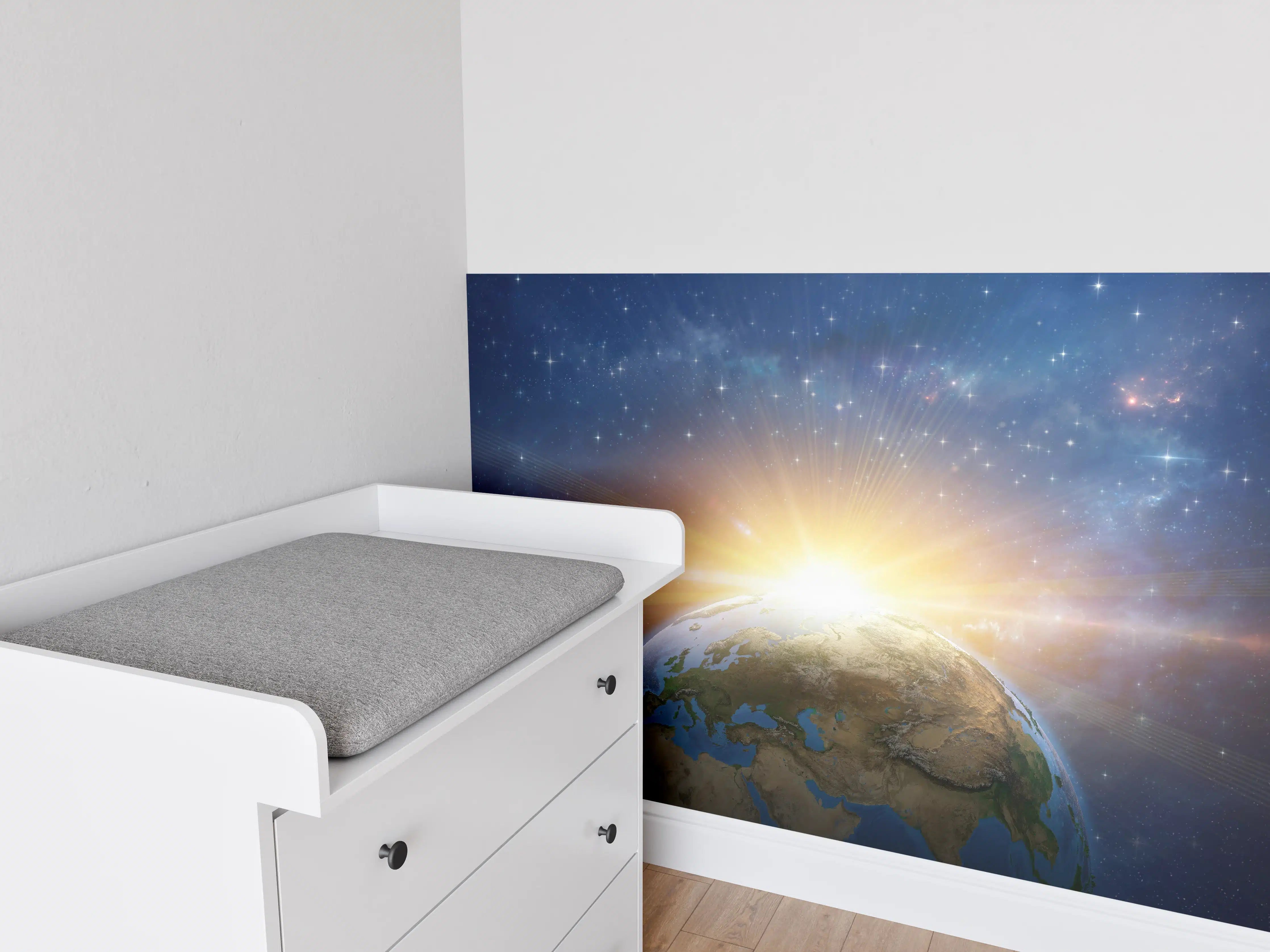 Babyzimmer Wandgestaltung - Illustrierter Sonnenaufgang aus dem Weltall