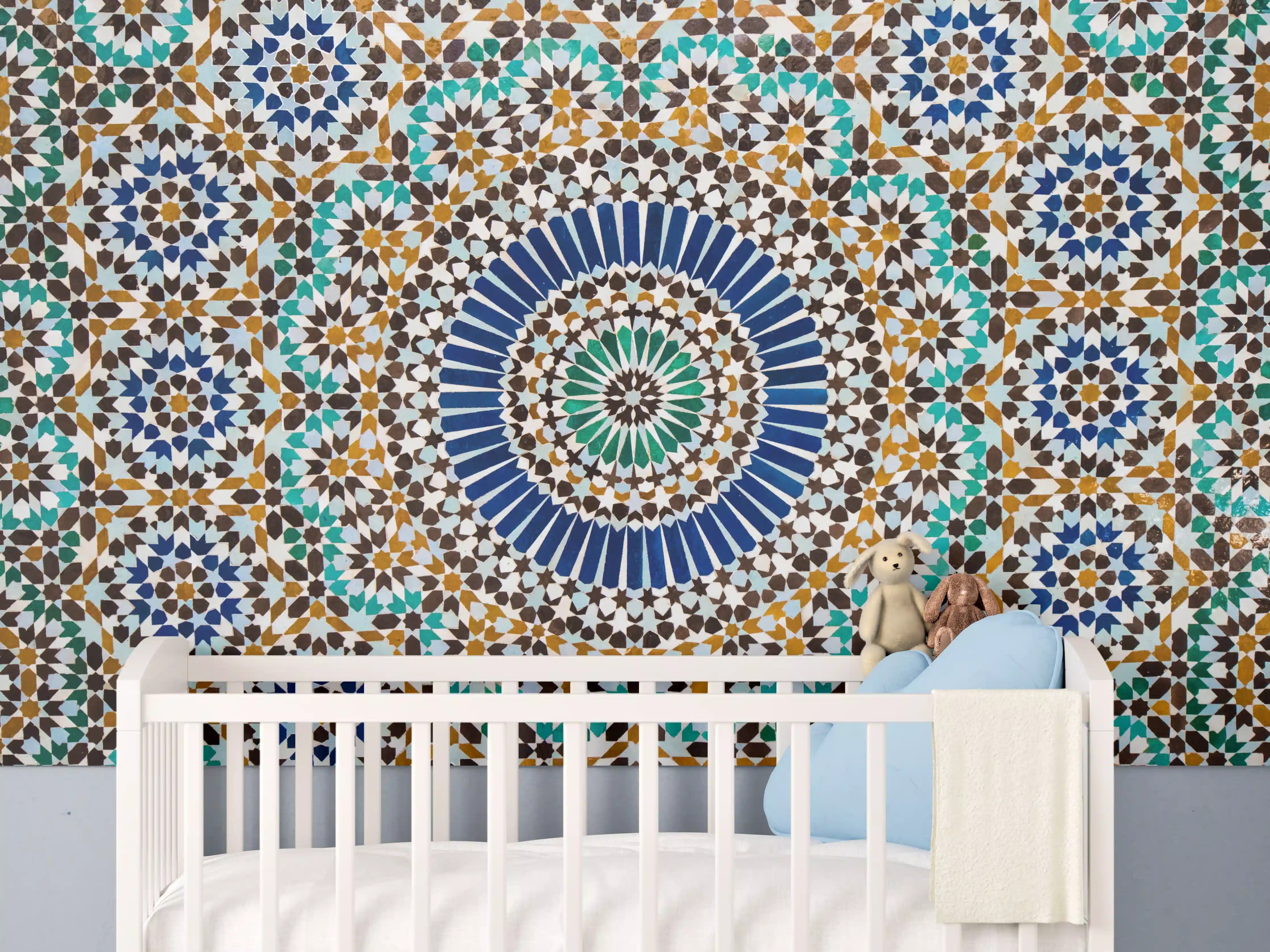 Babyzimmer Wandgestaltung - Islamische Fliesenmuster in Blau und Braun