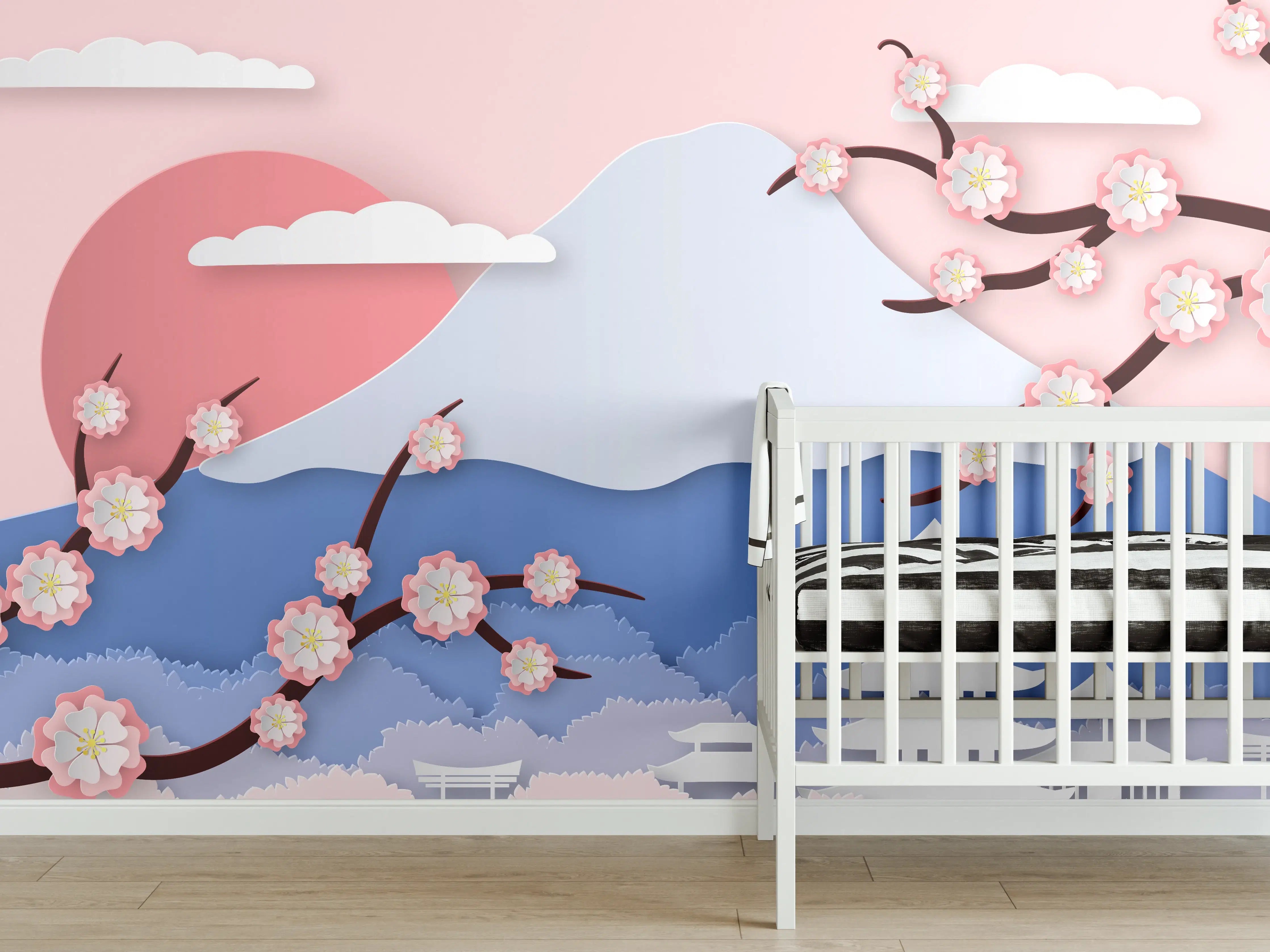 Babyzimmer Wandgestaltung - Japanischer Kirschbaum mit Pagoden-Hintergrund
