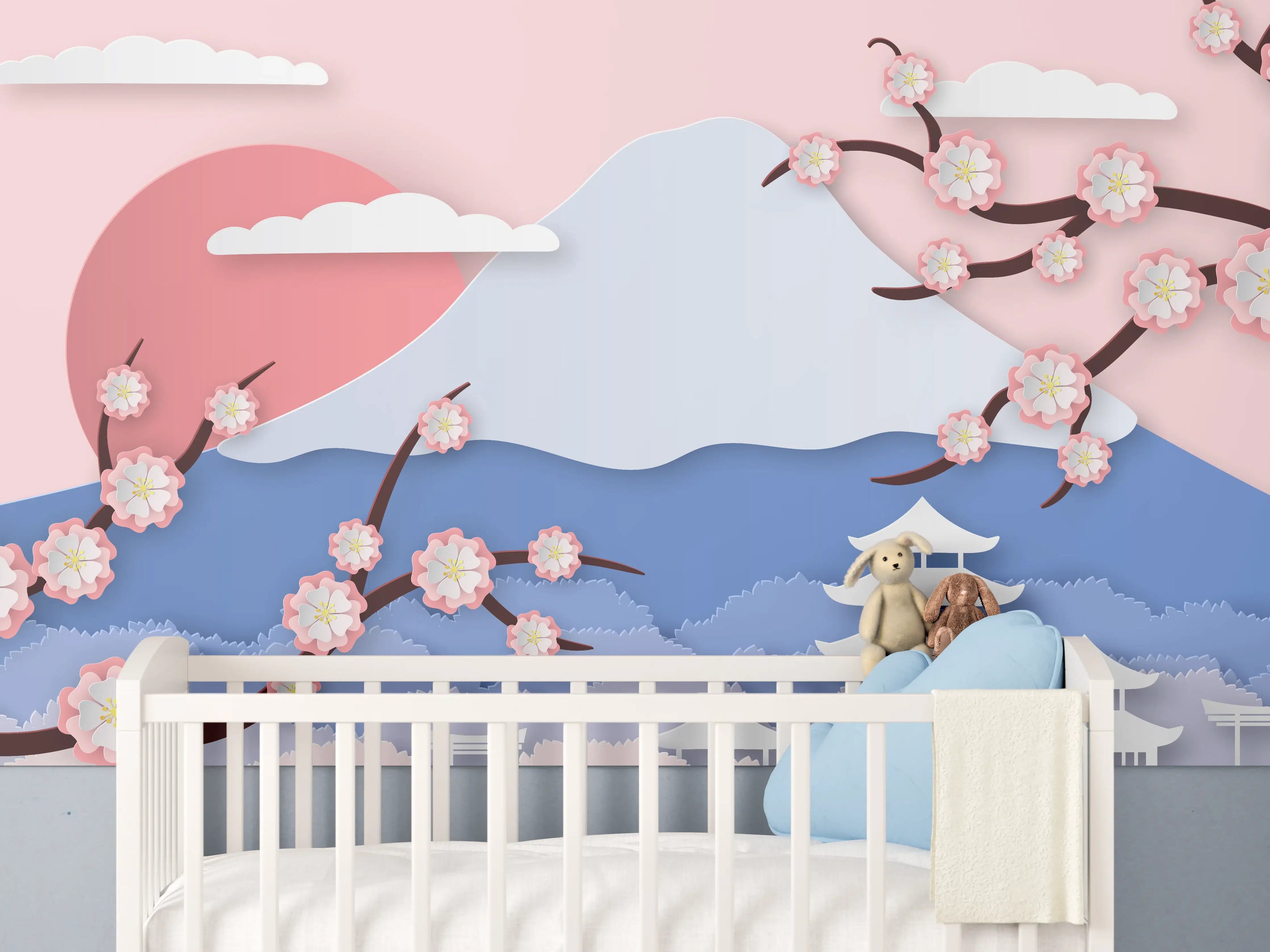 Babyzimmer Wandgestaltung - Japanischer Kirschbaum mit Pagoden-Hintergrund
