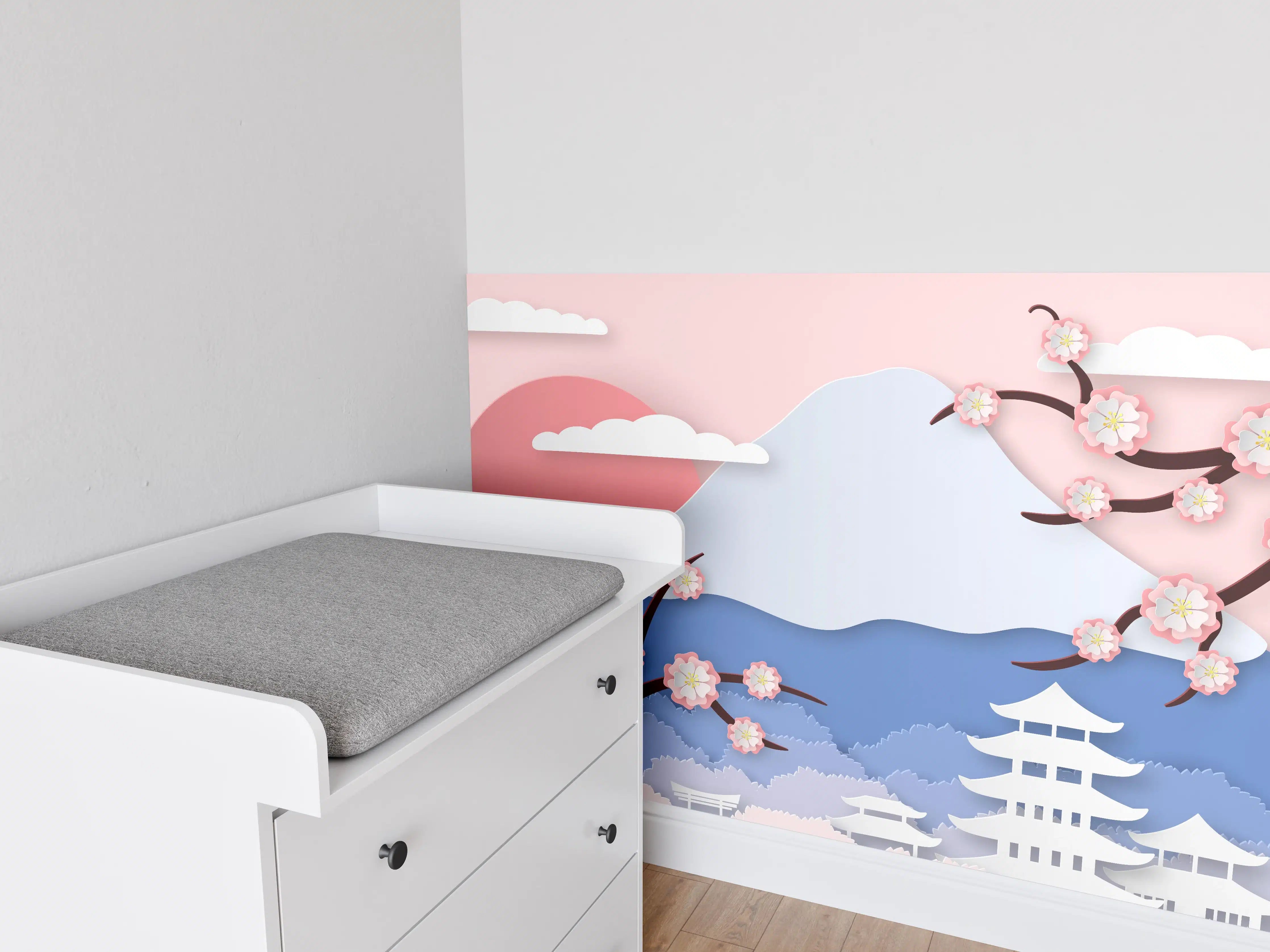 Babyzimmer Wandgestaltung - Japanischer Kirschbaum mit Pagoden-Hintergrund