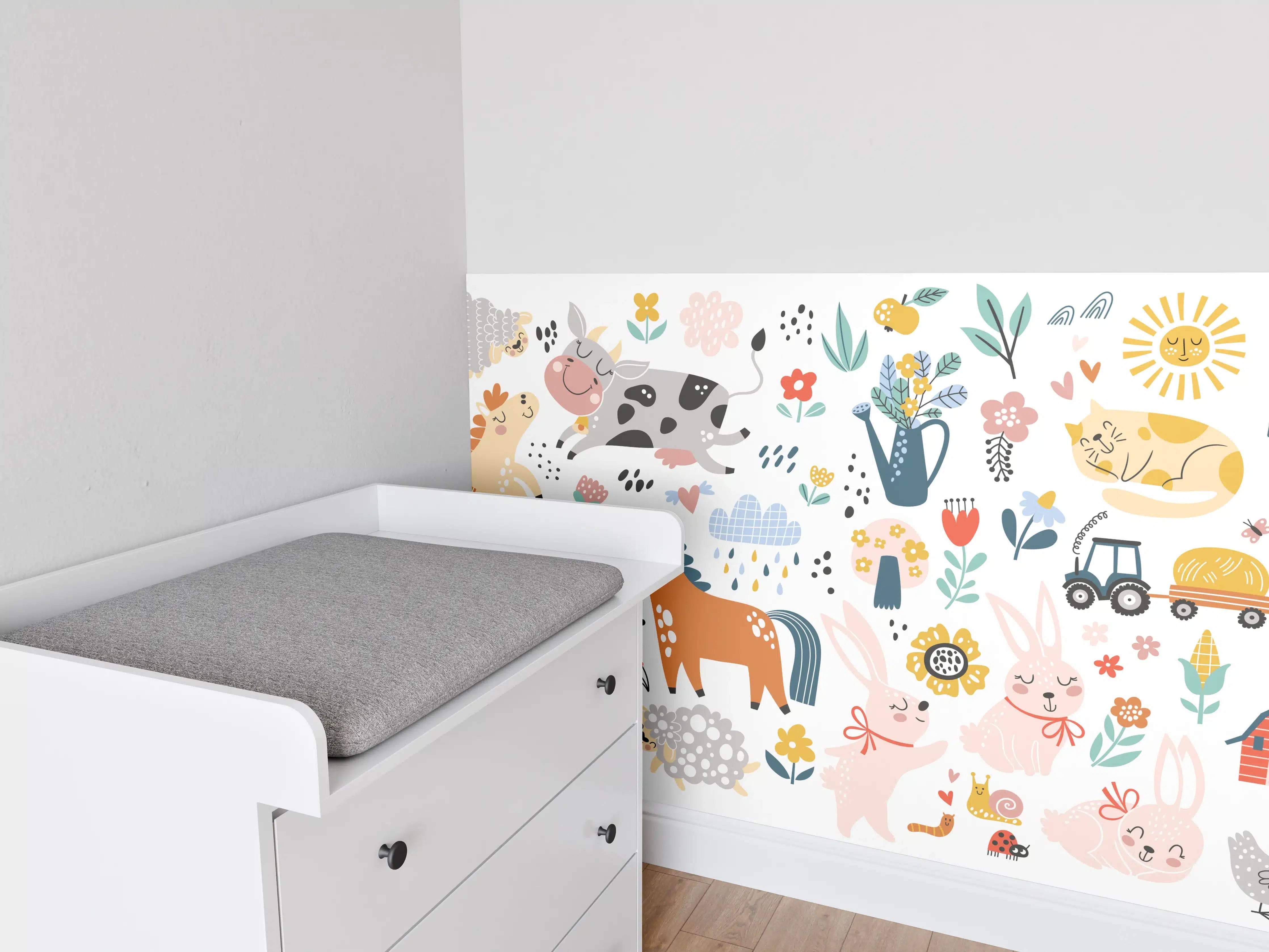 Babyzimmer Wandgestaltung - Junge Bauernhoftiere auf Feldweg
