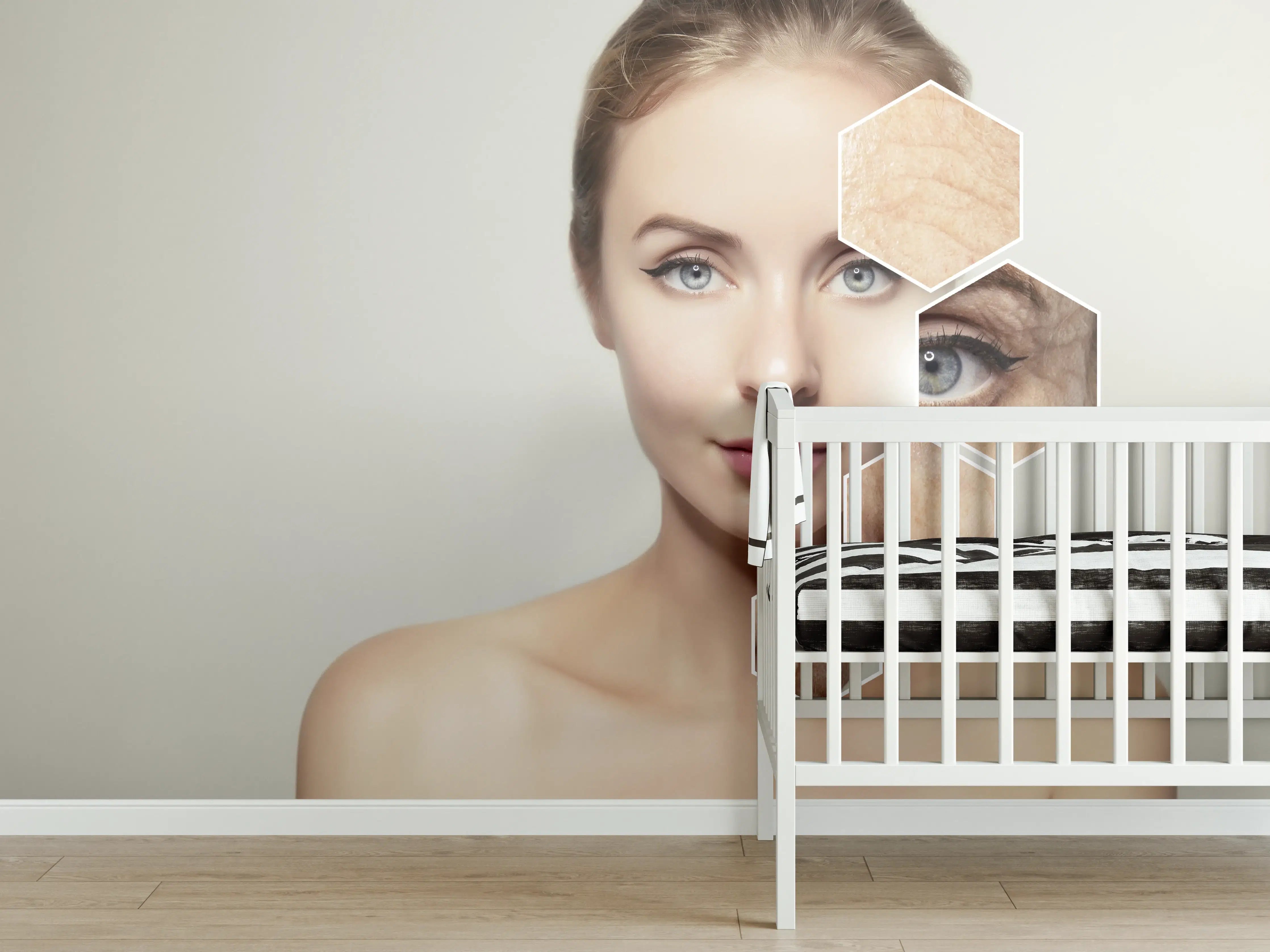 Babyzimmer Wandgestaltung - Junge Frau mit Grafikelementen alter Haut