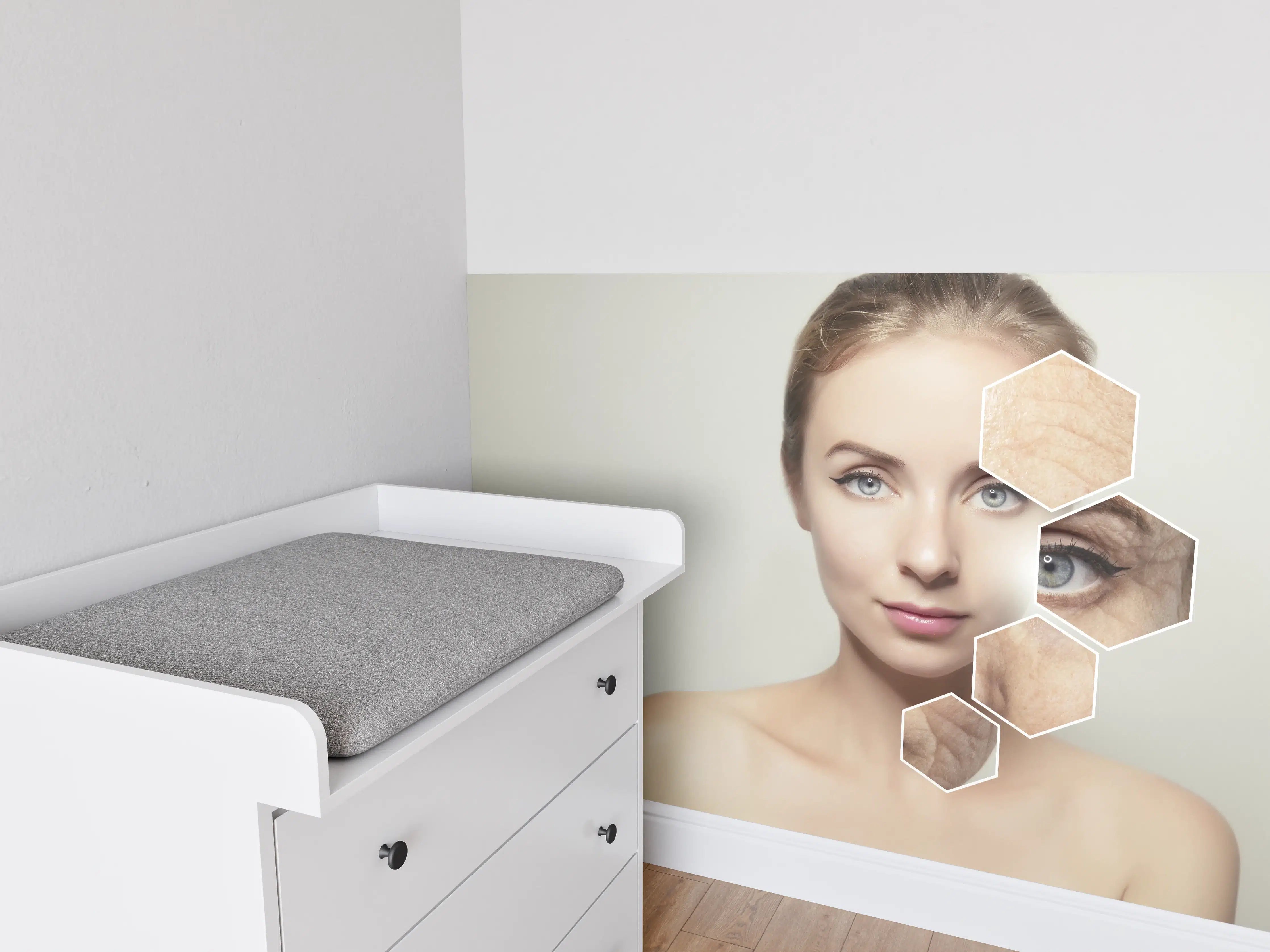 Babyzimmer Wandgestaltung - Junge Frau mit Grafikelementen alter Haut