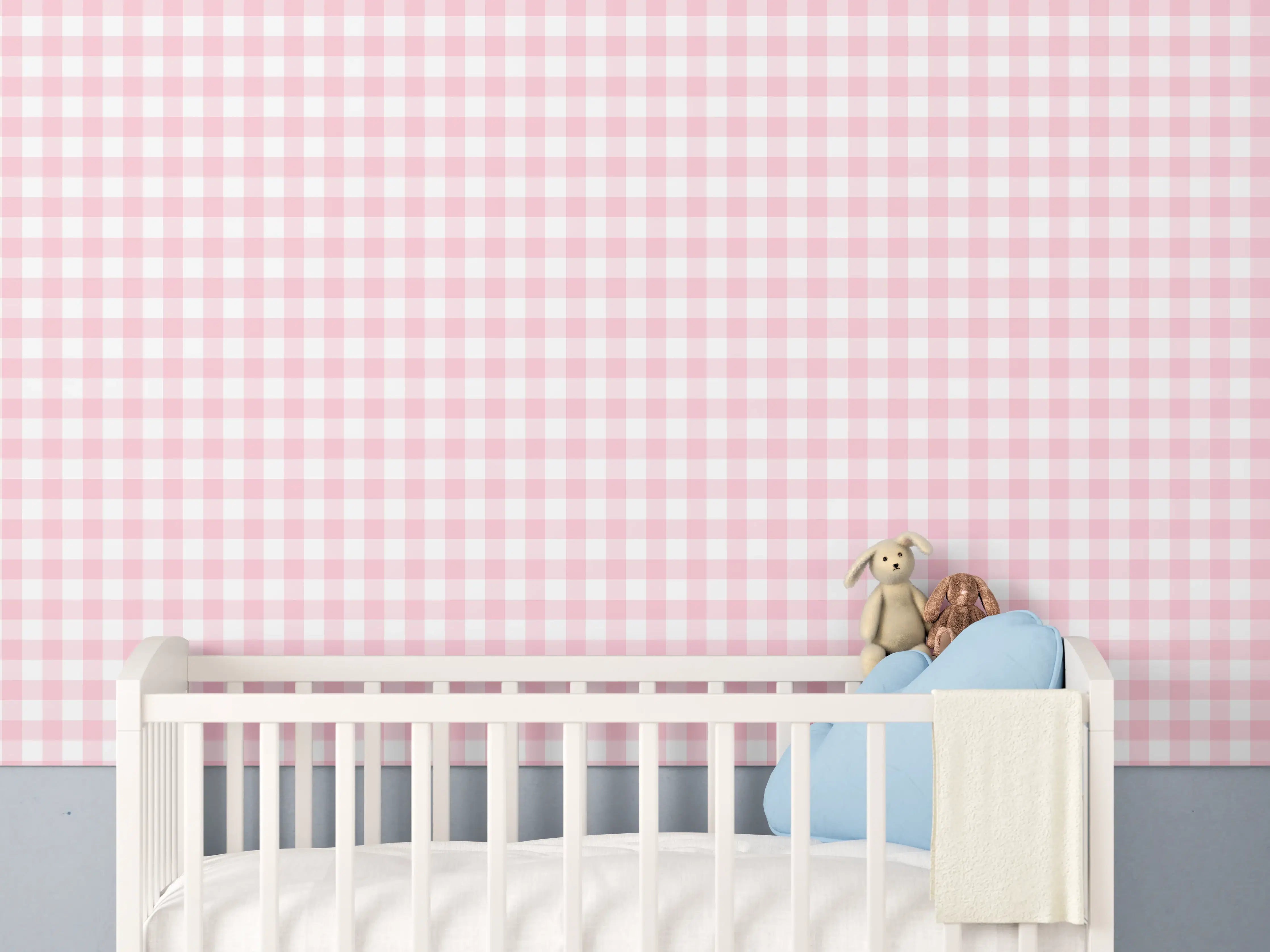 Babyzimmer Wandgestaltung - Kariertes Vichy Pastellrosa Muster mit weißem Hintergrund