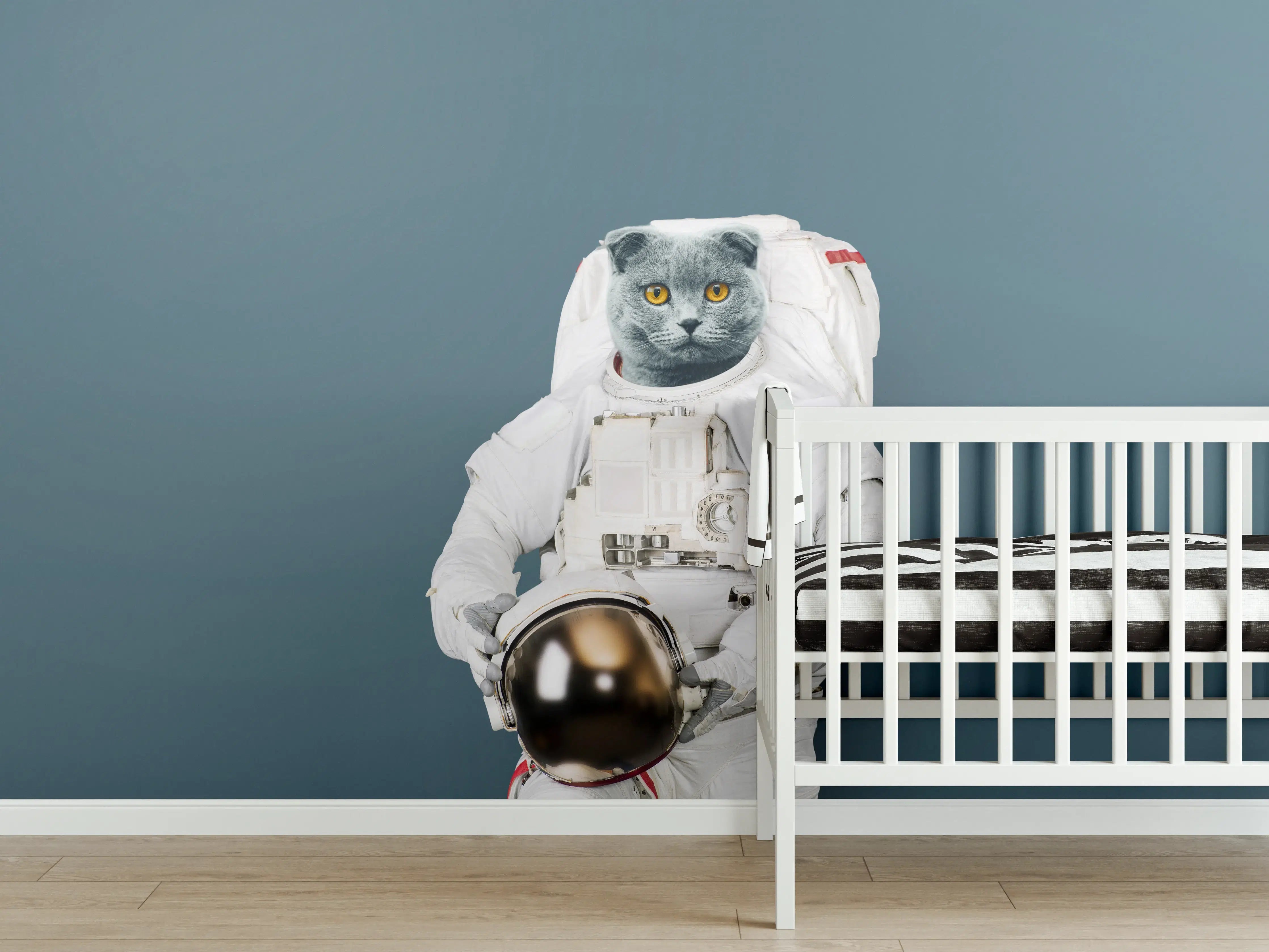 Babyzimmer Wandgestaltung - Katzen-Astronaut Grau-Helm