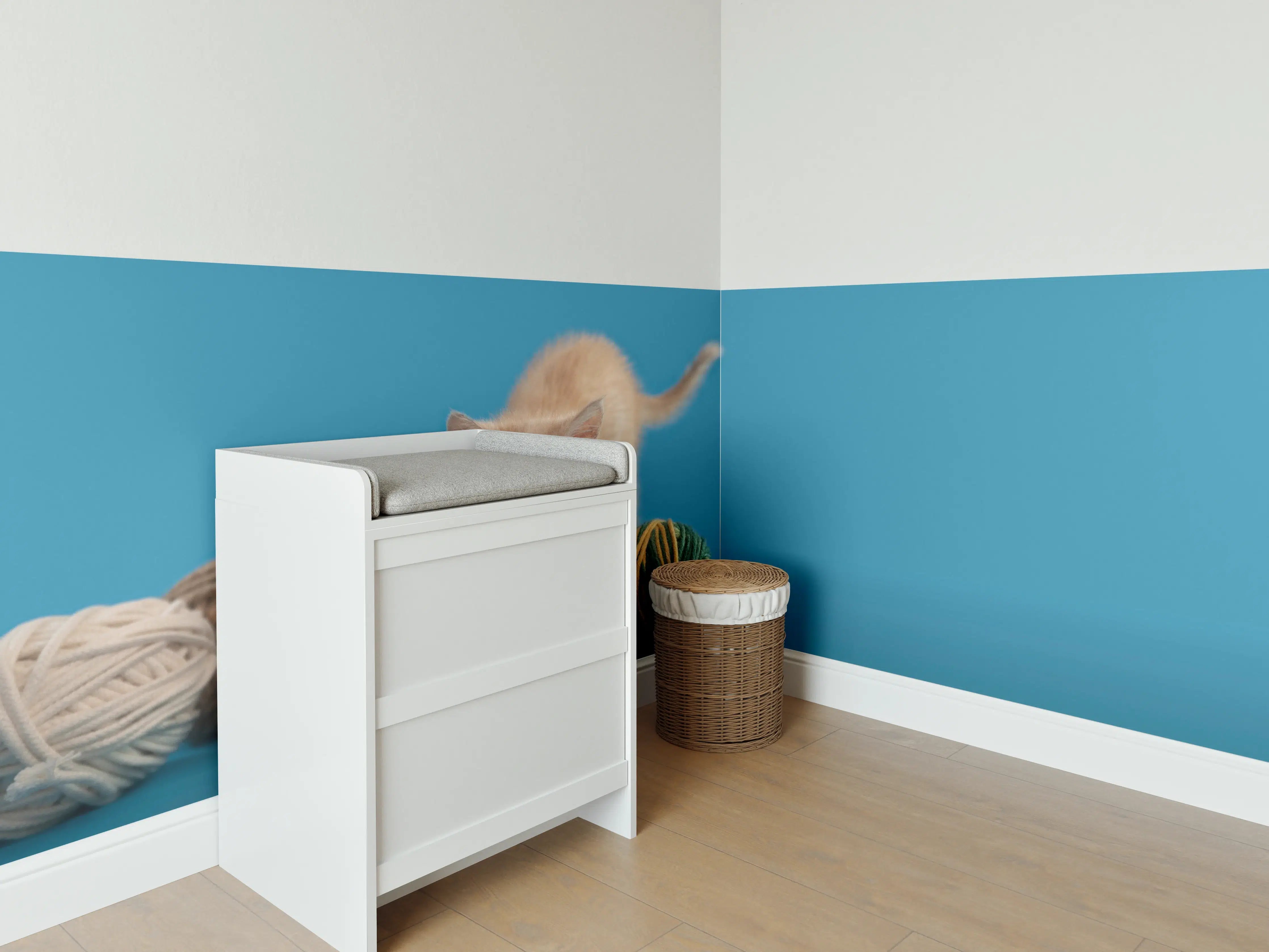Babyzimmer Wandgestaltung - Katzenbaby spielt mit Wollknollen