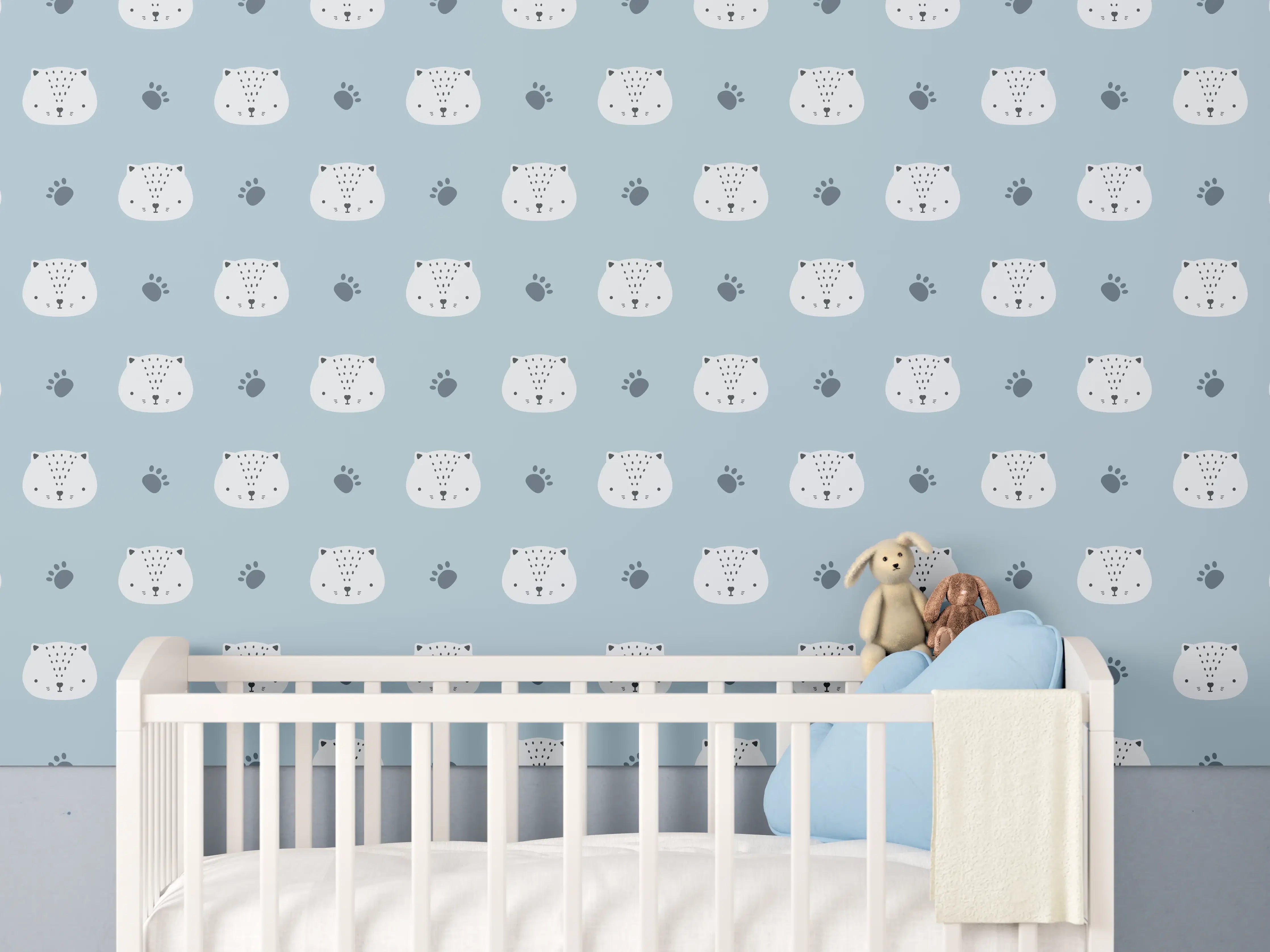 Babyzimmer Wandgestaltung - Katzenmuster in Blau und Grau