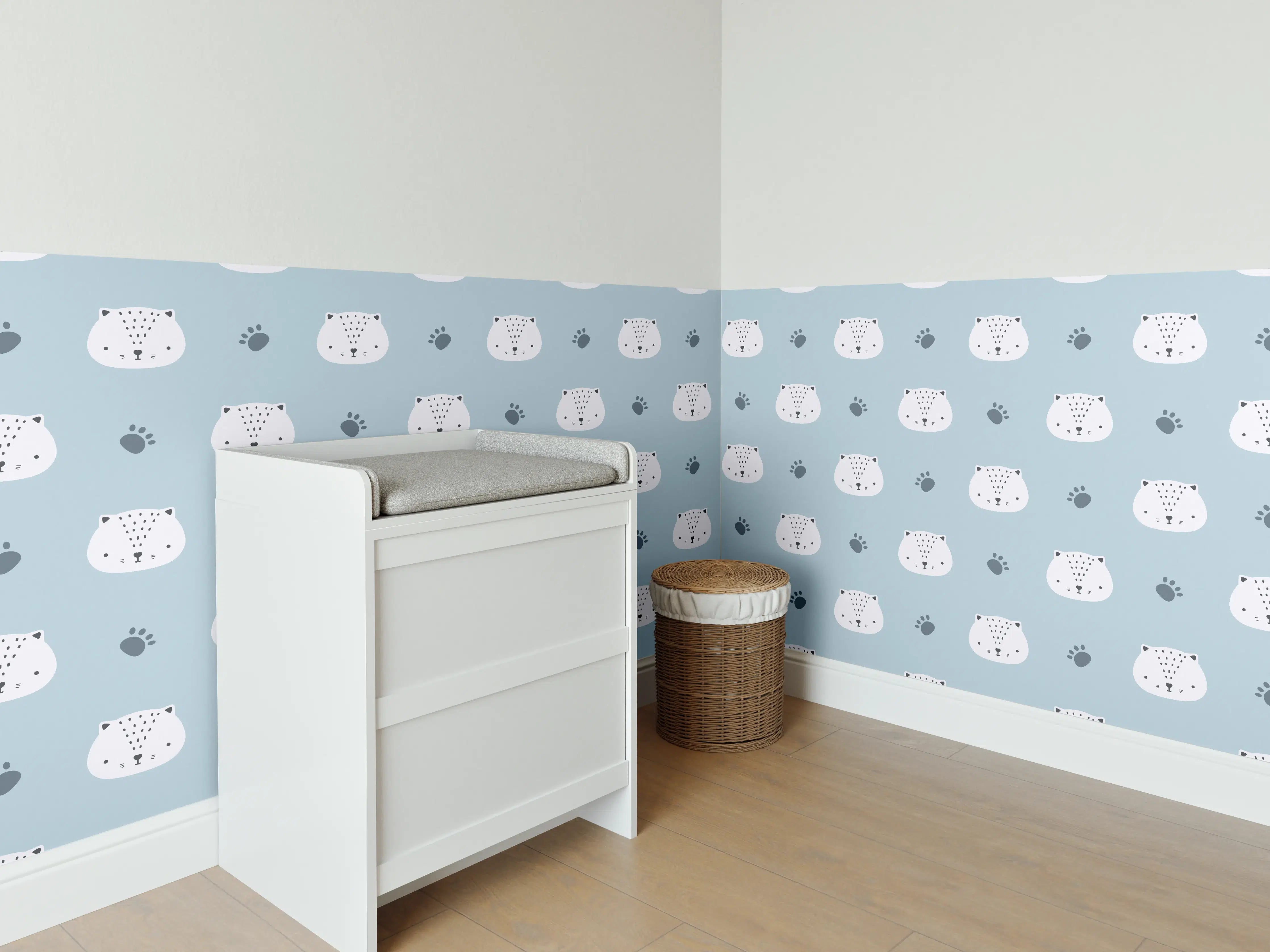 Babyzimmer Wandgestaltung - Katzenmuster in Blau und Grau