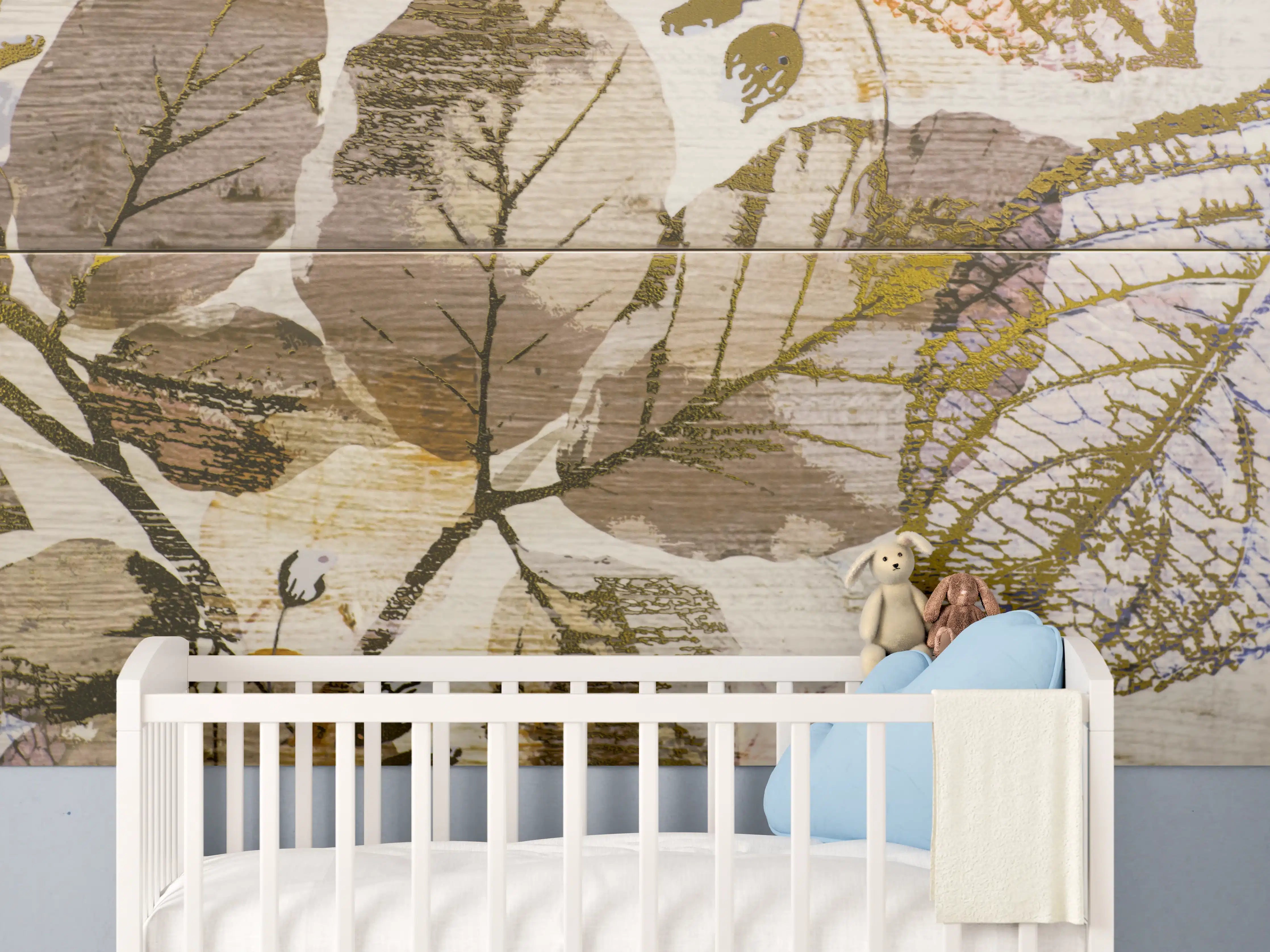 Babyzimmer Wandgestaltung - Keramikfliesen Blattmuster Beige