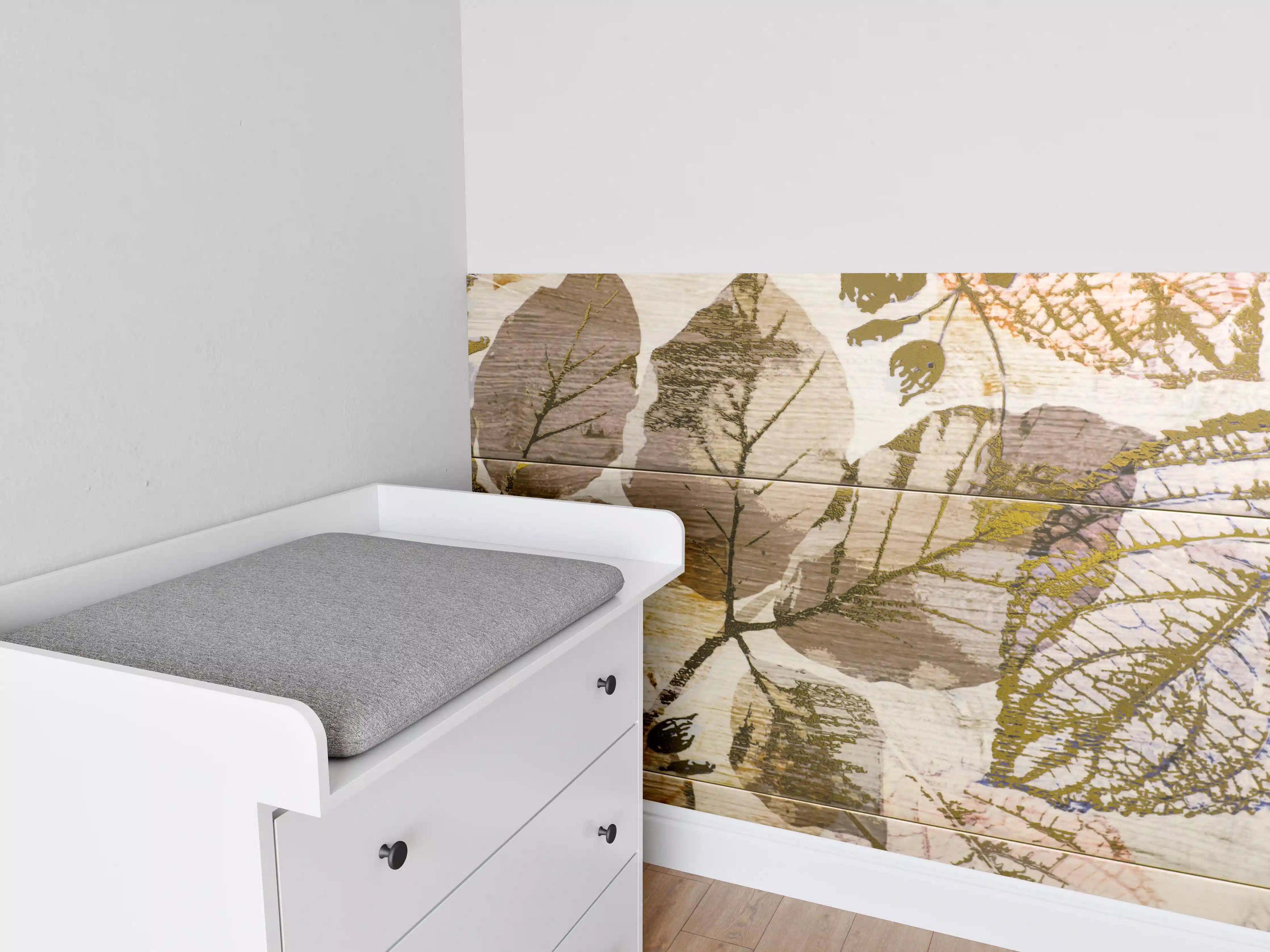 Babyzimmer Wandgestaltung - Keramikfliesen Blattmuster Beige