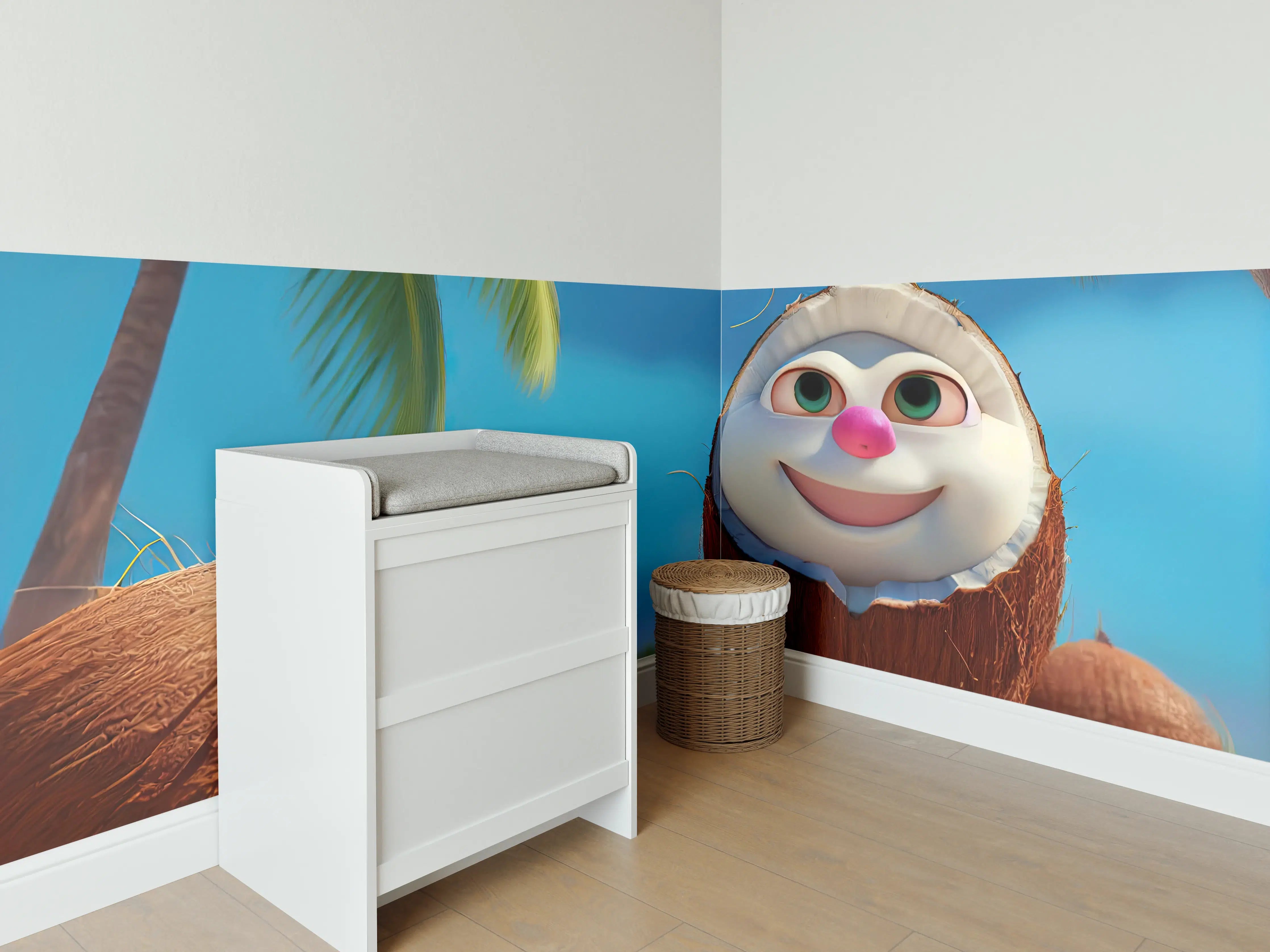 Babyzimmer Wandgestaltung - Kindermotiv - 3D Kokosnuss Charakter unter Palmen