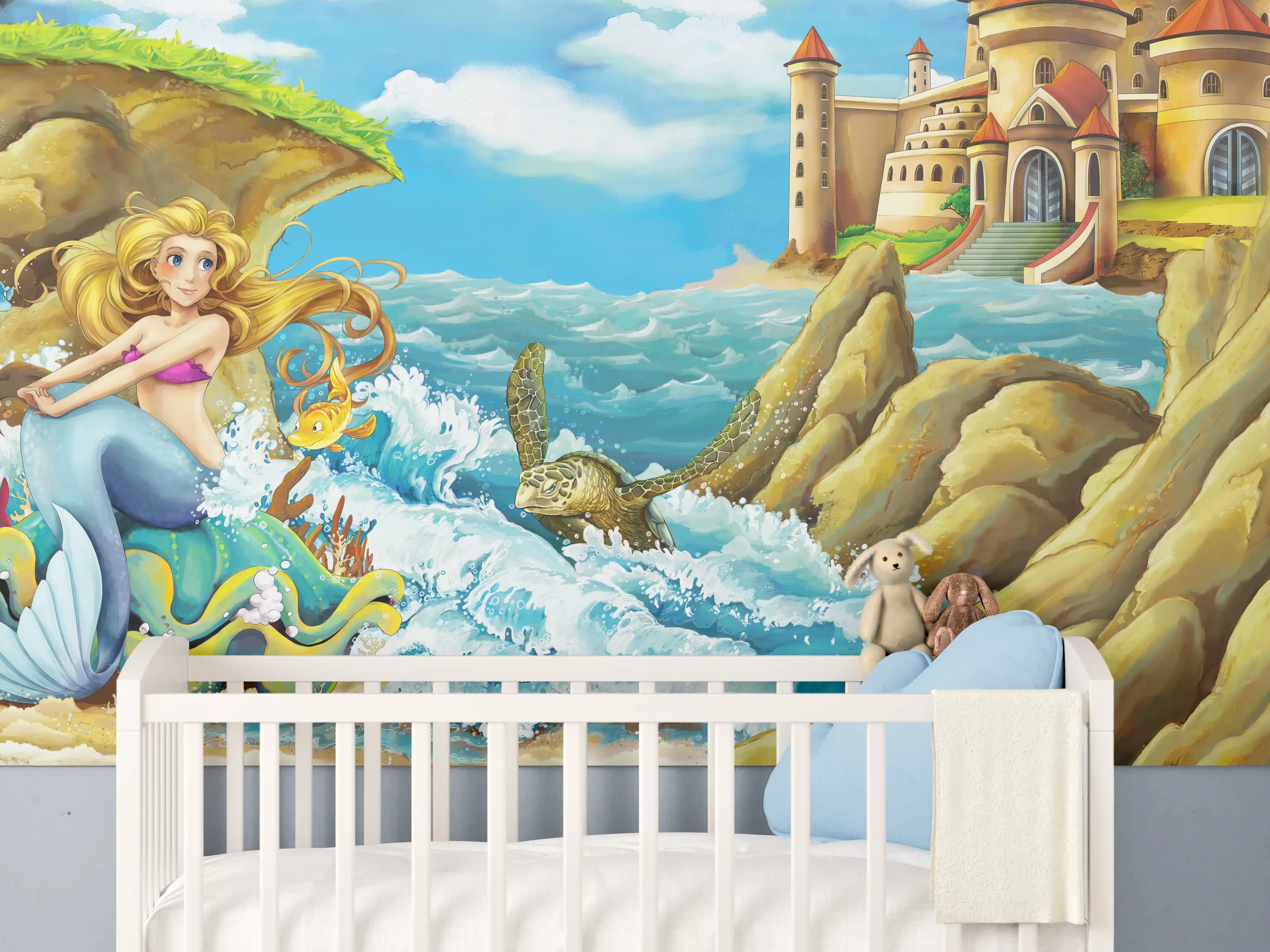 Babyzimmer Wandgestaltung - Kindermotiv - Meerjungfrau mit Aussicht auf Schloss