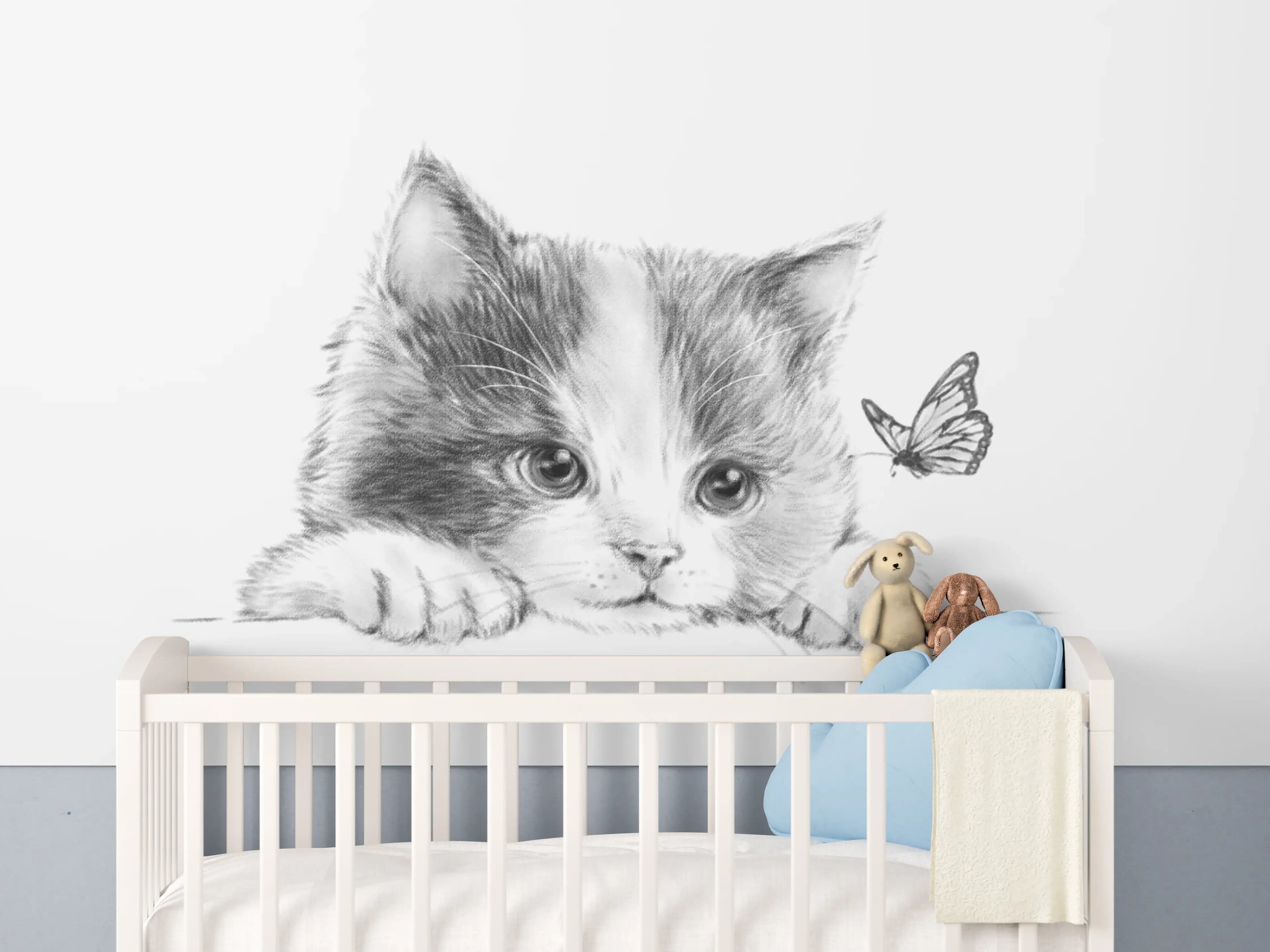 Babyzimmer Wandgestaltung - Kindermotiv einer Katze - schwarz-weiß