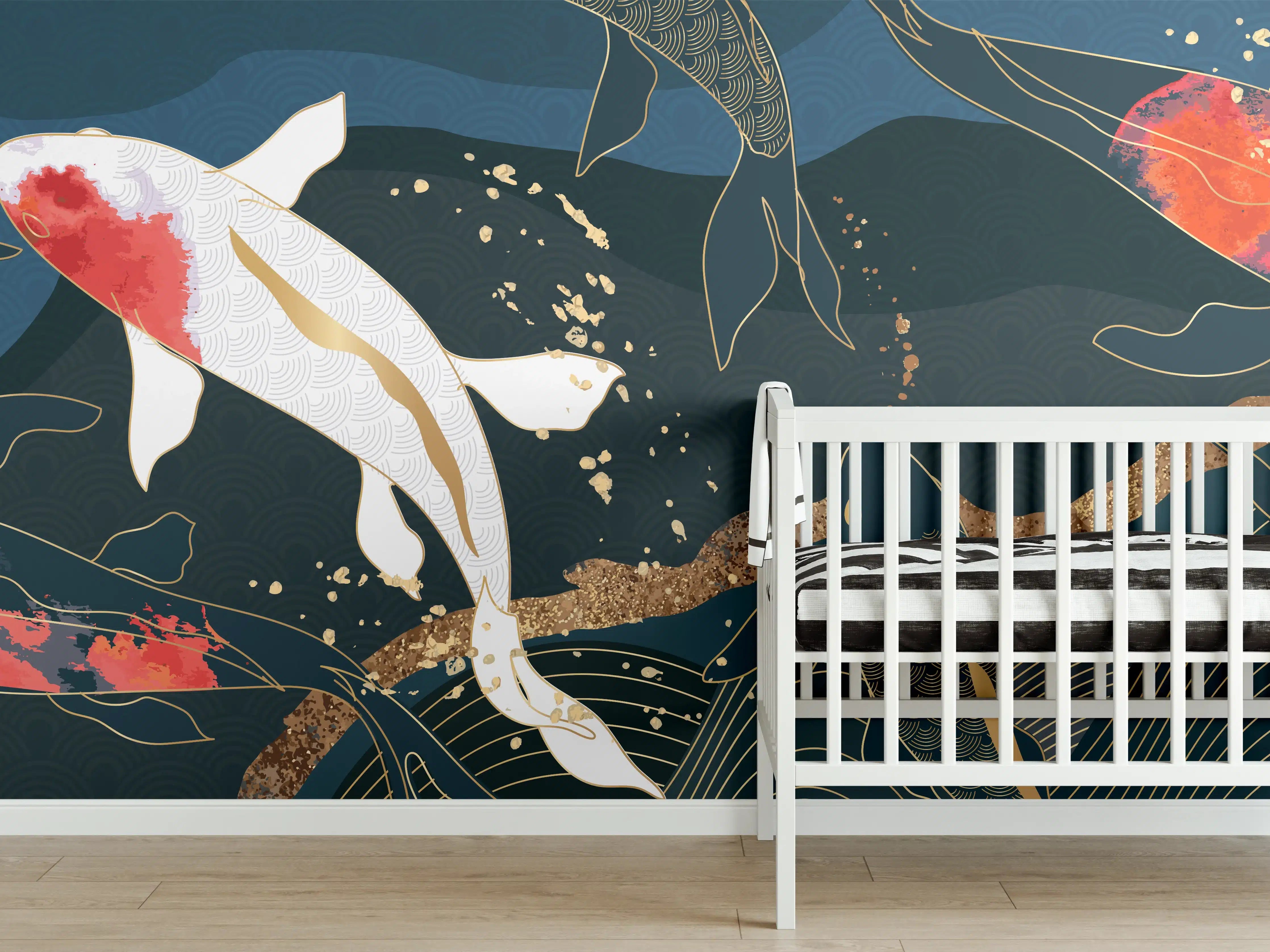 Babyzimmer Wandgestaltung - Koi-Fische im Wasser mit dunklem Hintergrund