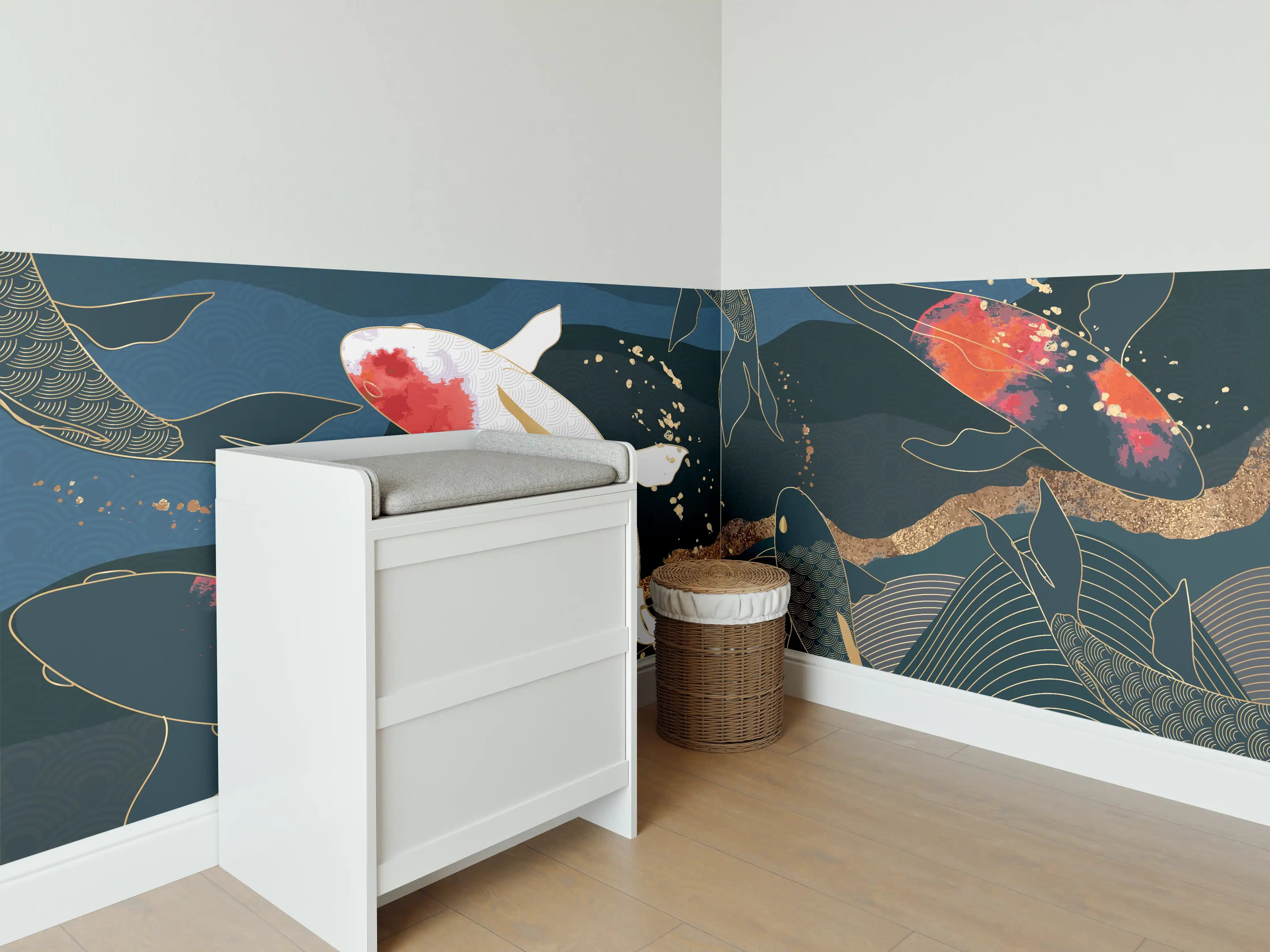 Babyzimmer Wandgestaltung - Koi-Fische im Wasser mit dunklem Hintergrund