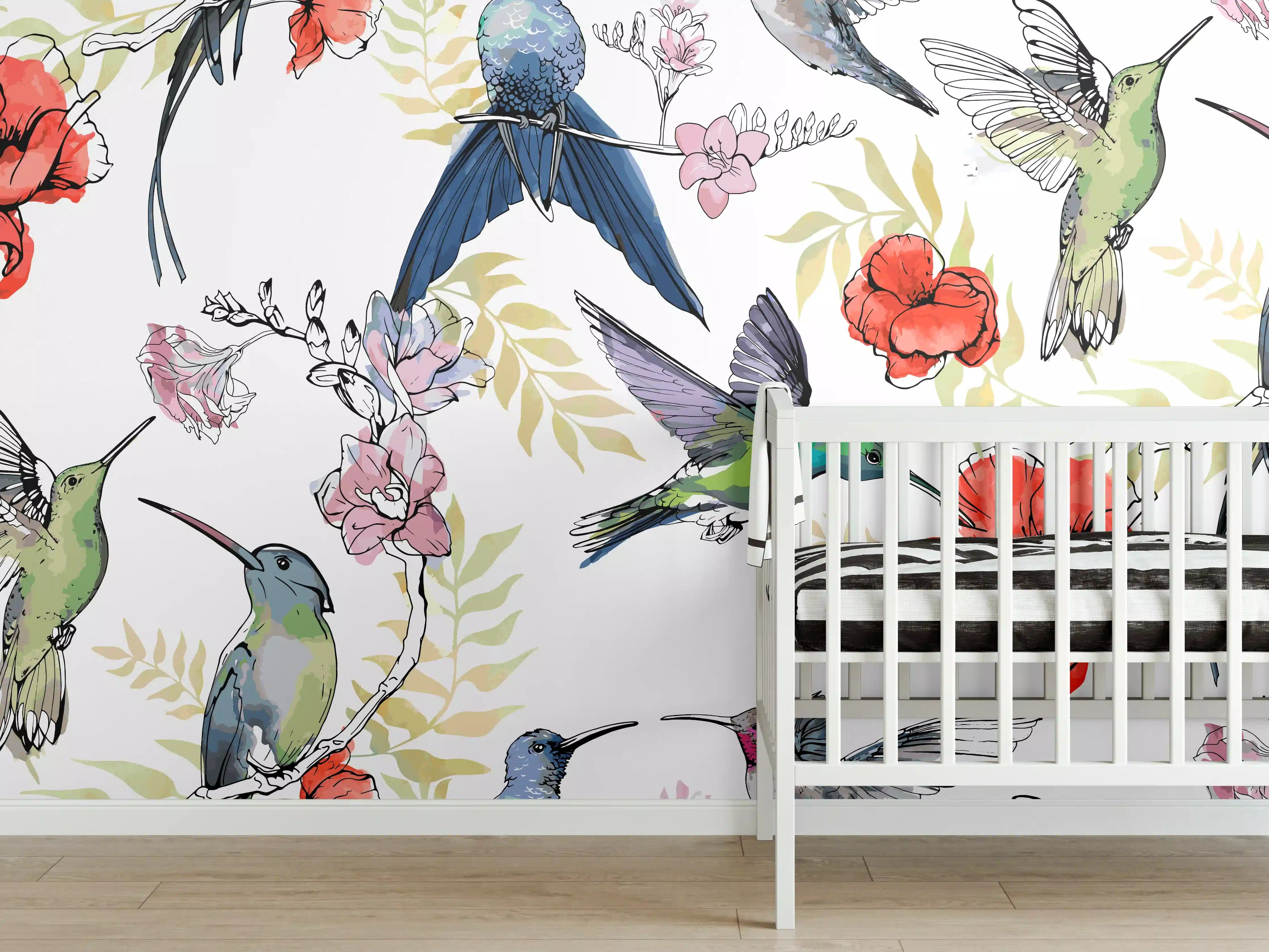 Babyzimmer Wandgestaltung - Kolibri-Blumen-Muster Textil
