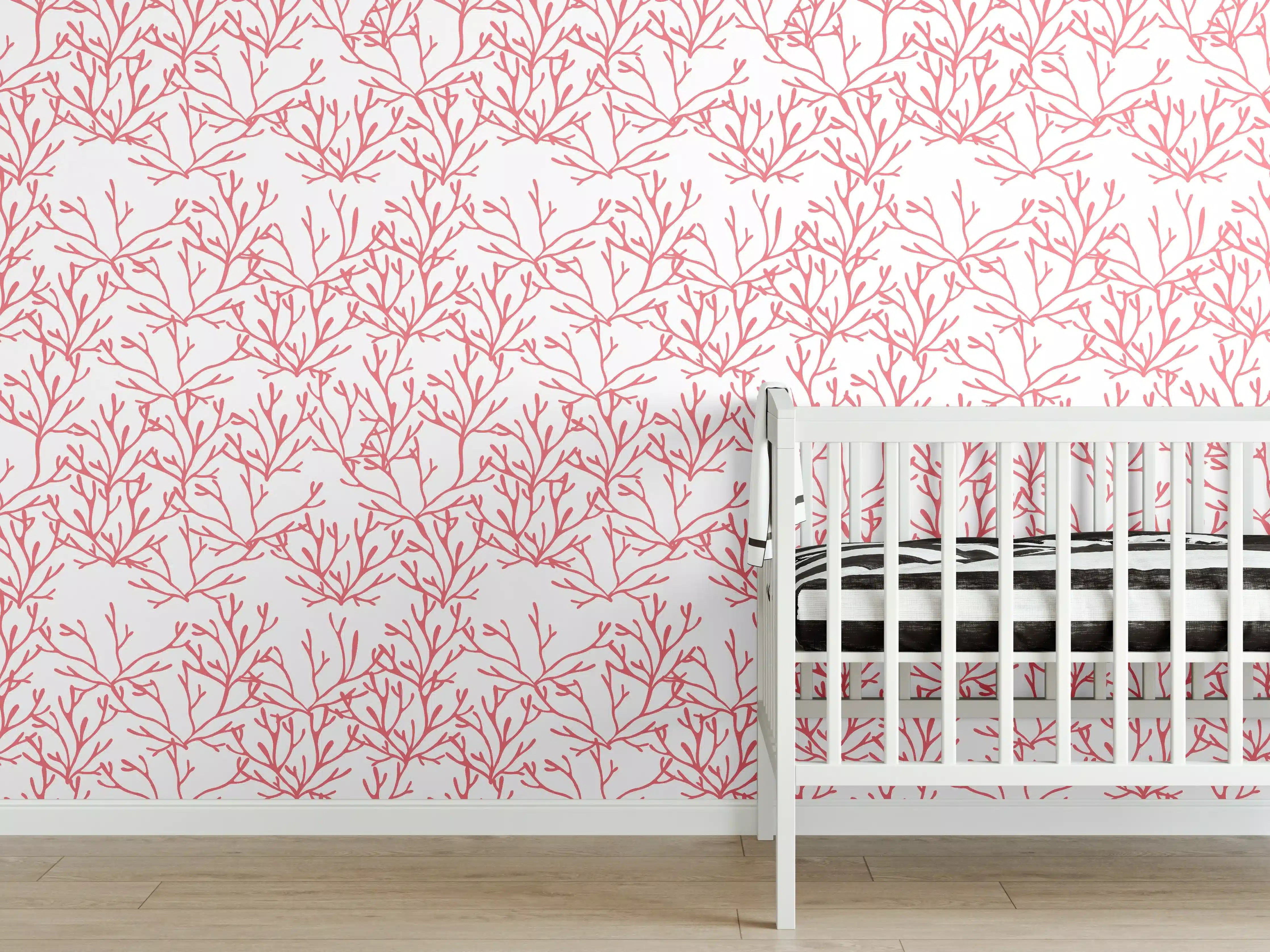 Babyzimmer Wandgestaltung - Korallenmuster Rosa auf Weiß