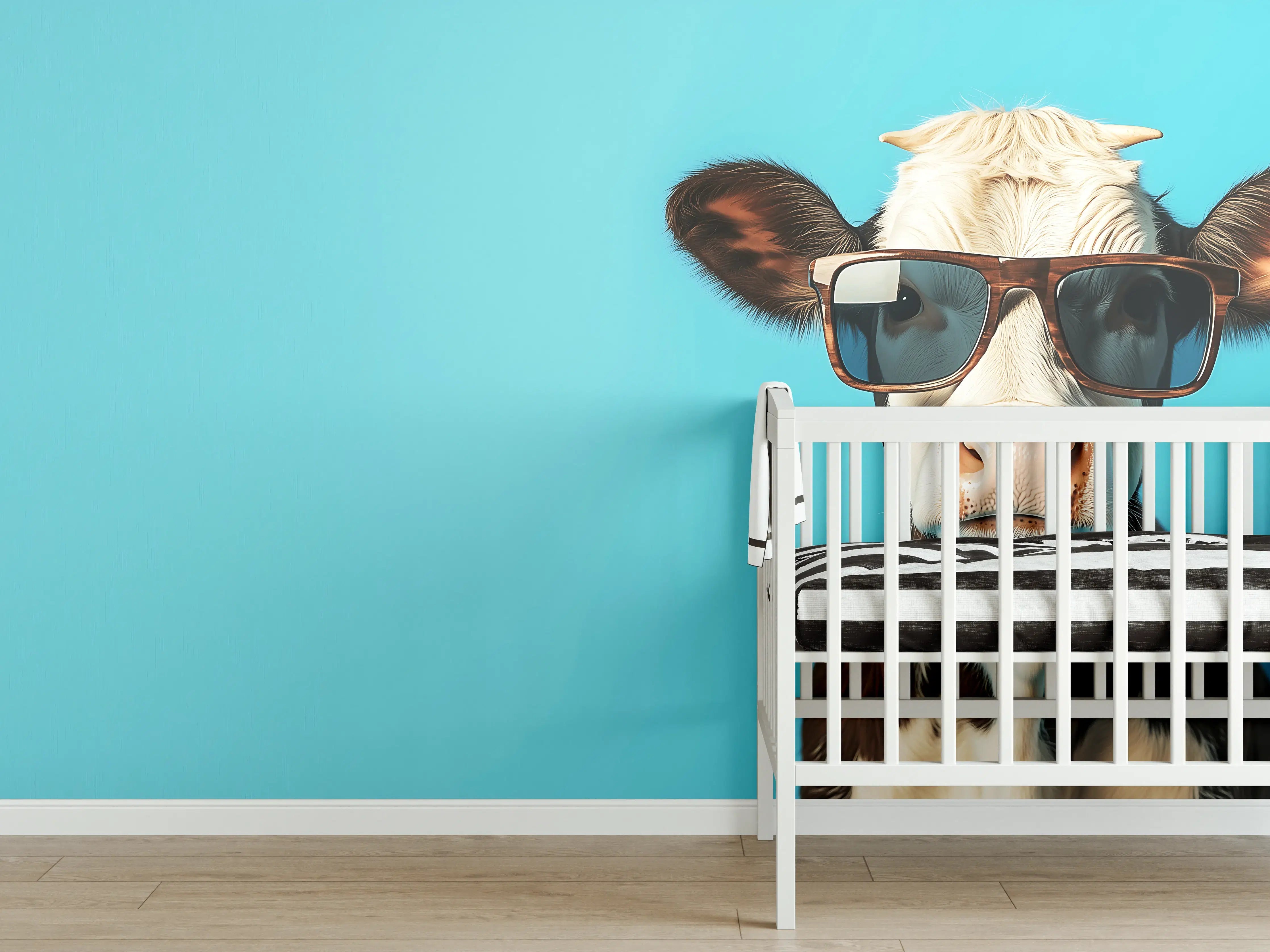 Babyzimmer Wandgestaltung - Kuh mit Sonnenbrille, Türkis