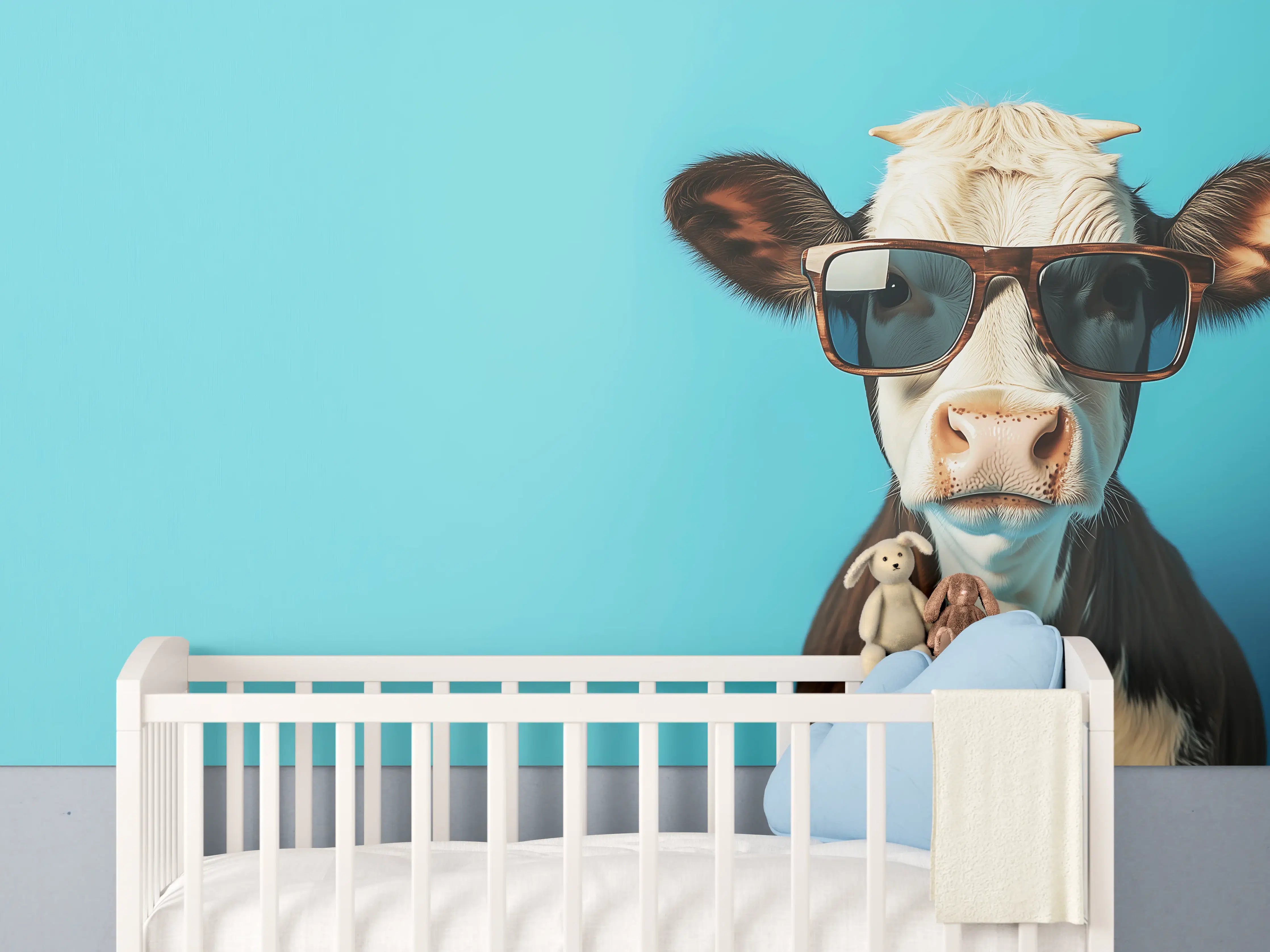 Babyzimmer Wandgestaltung - Kuh mit Sonnenbrille, Türkis