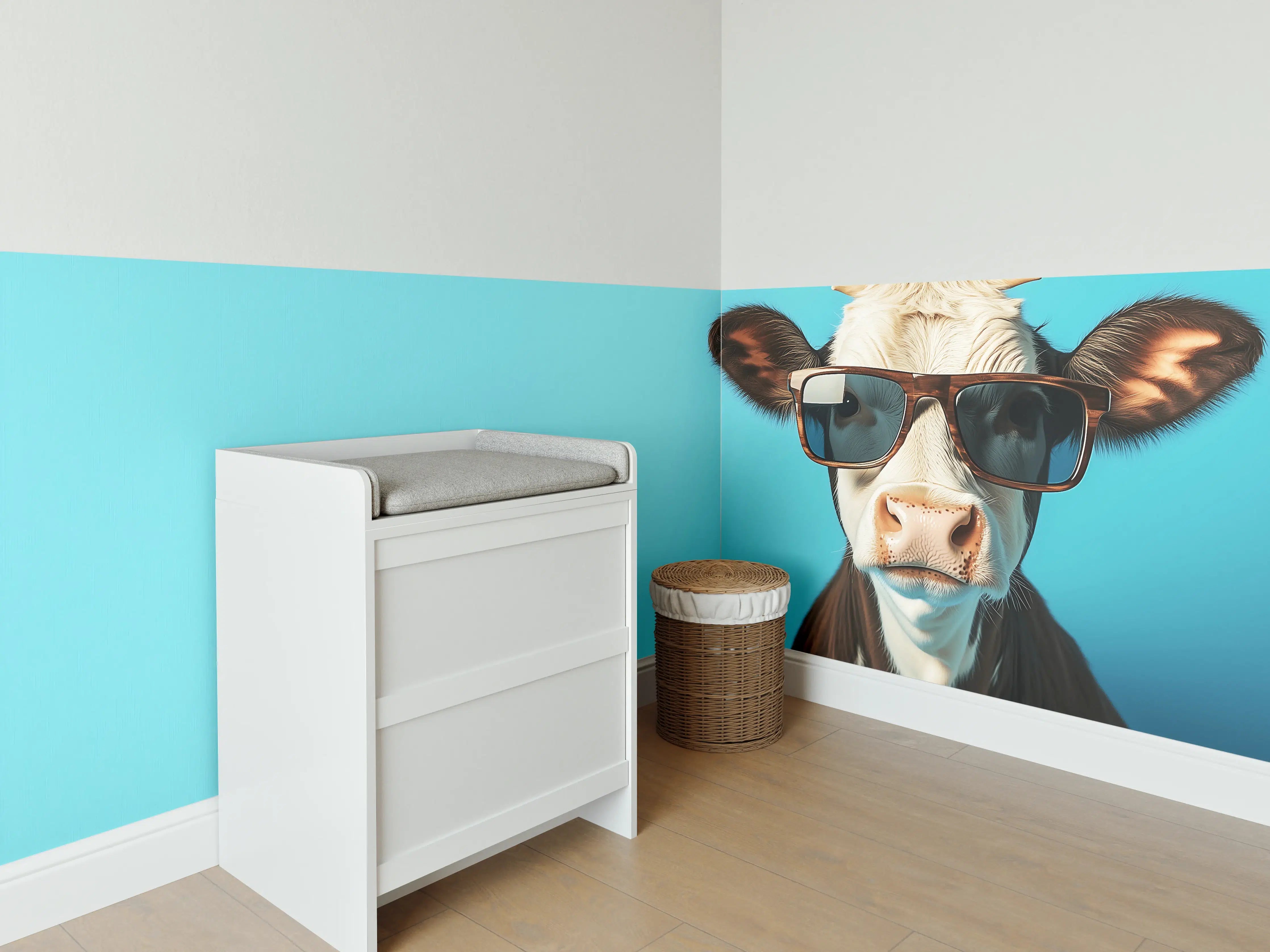 Babyzimmer Wandgestaltung - Kuh mit Sonnenbrille, Türkis