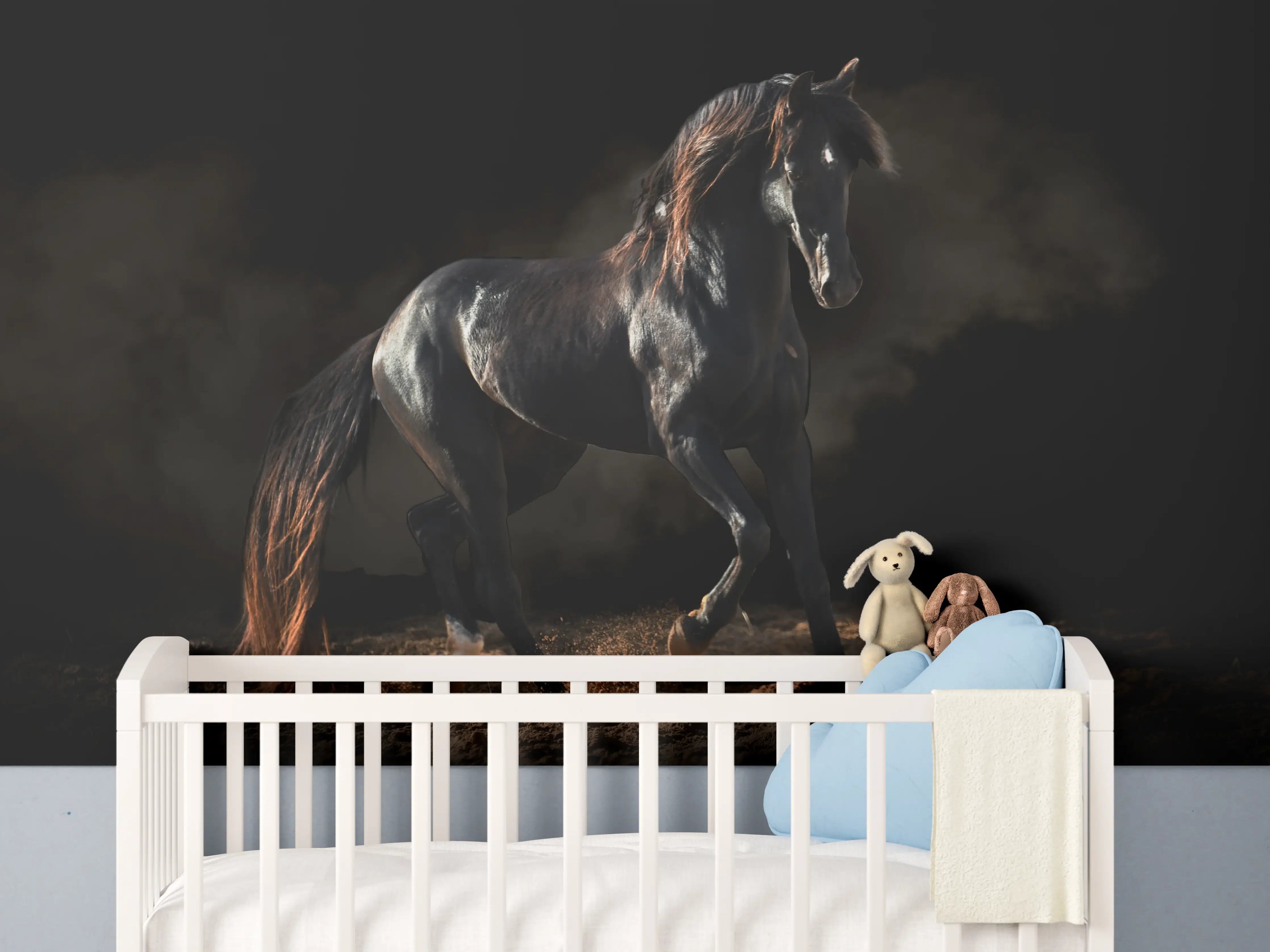 Babyzimmer Wandgestaltung - Kunstfoto eines schwarzen Pferdes