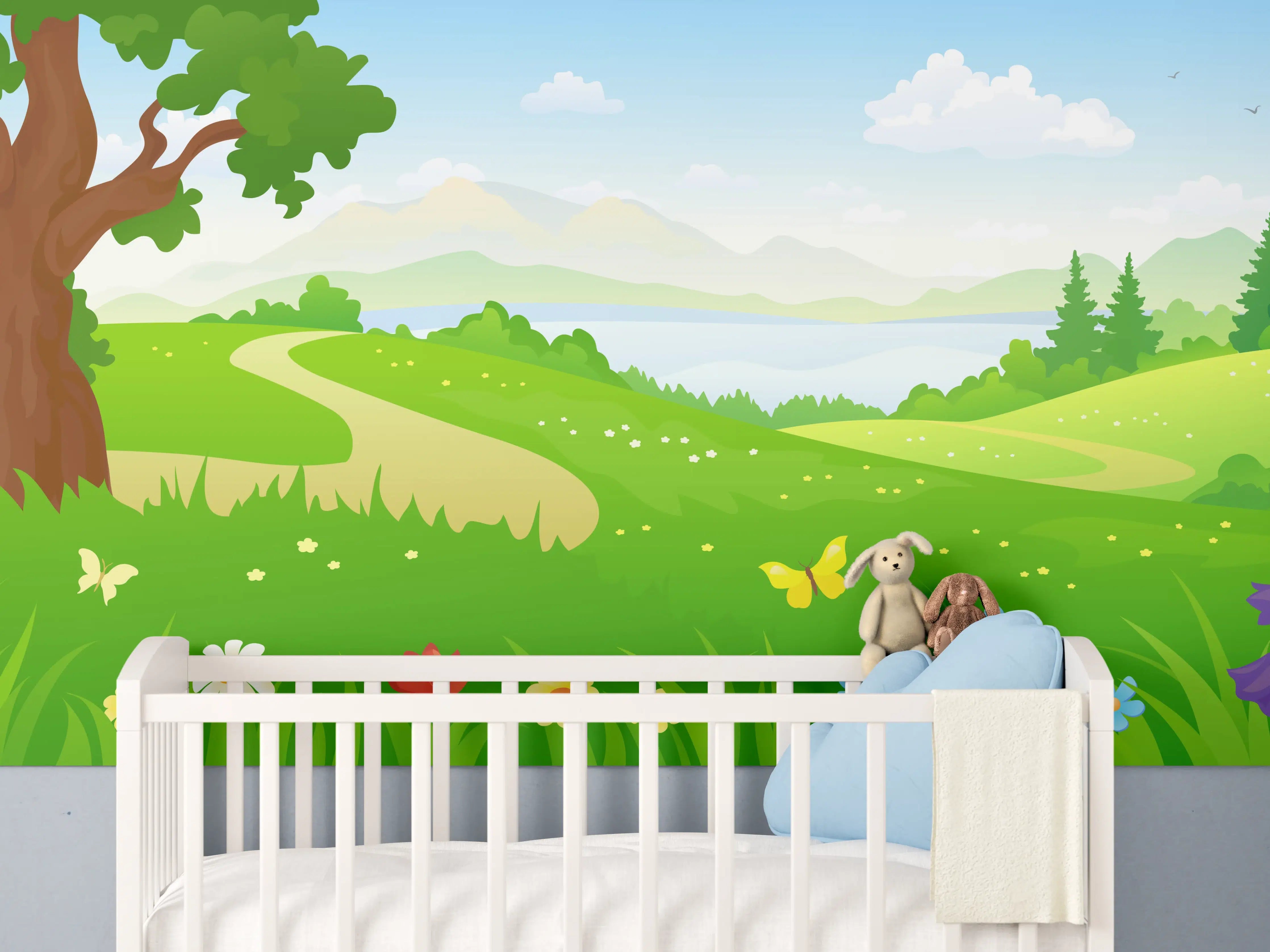 Babyzimmer Wandgestaltung - Landschaft mit Baum, Wiese und Blumen