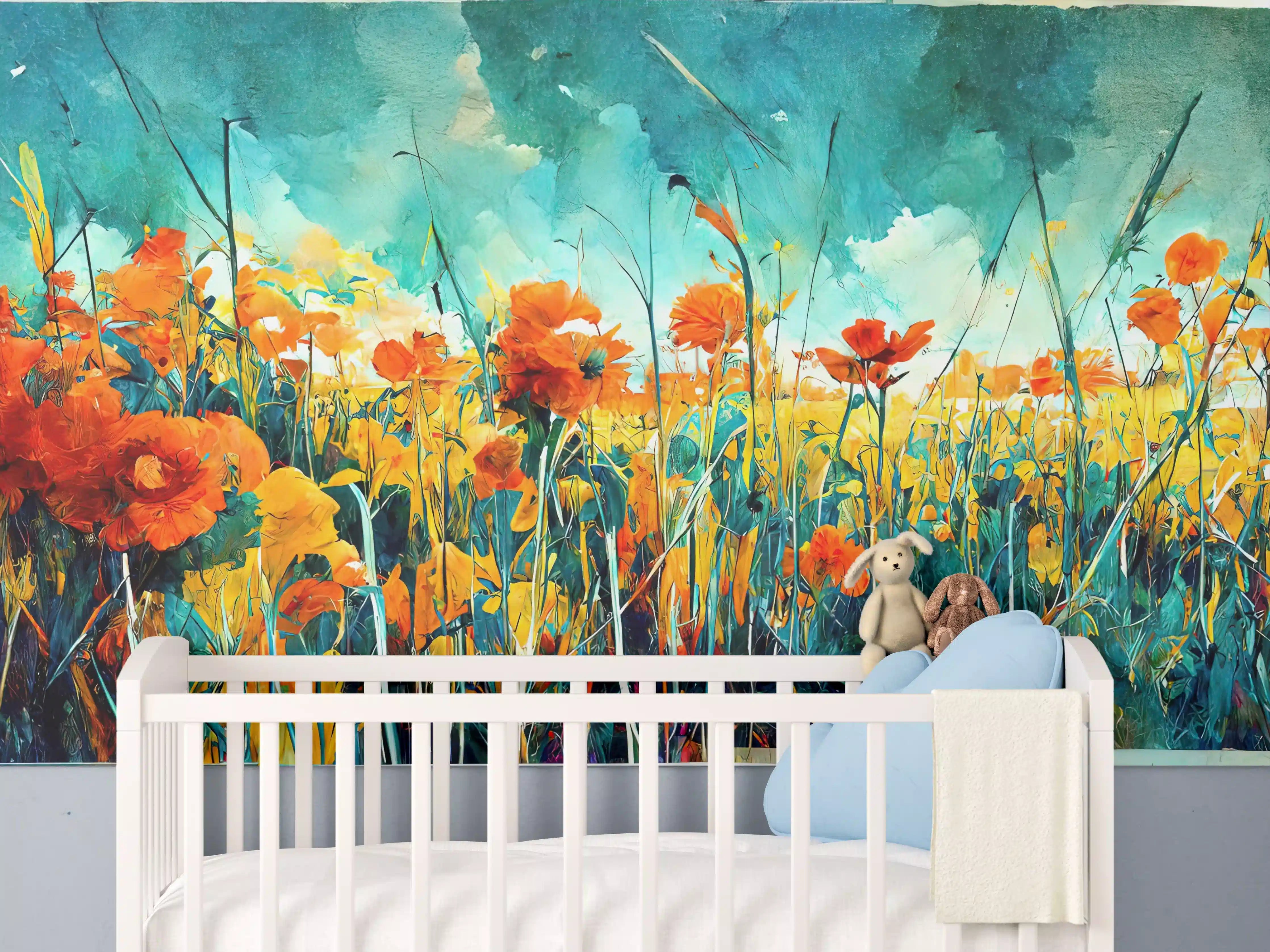 Babyzimmer Wandgestaltung - Lebendige Blumenwiese in Aquarellfarben