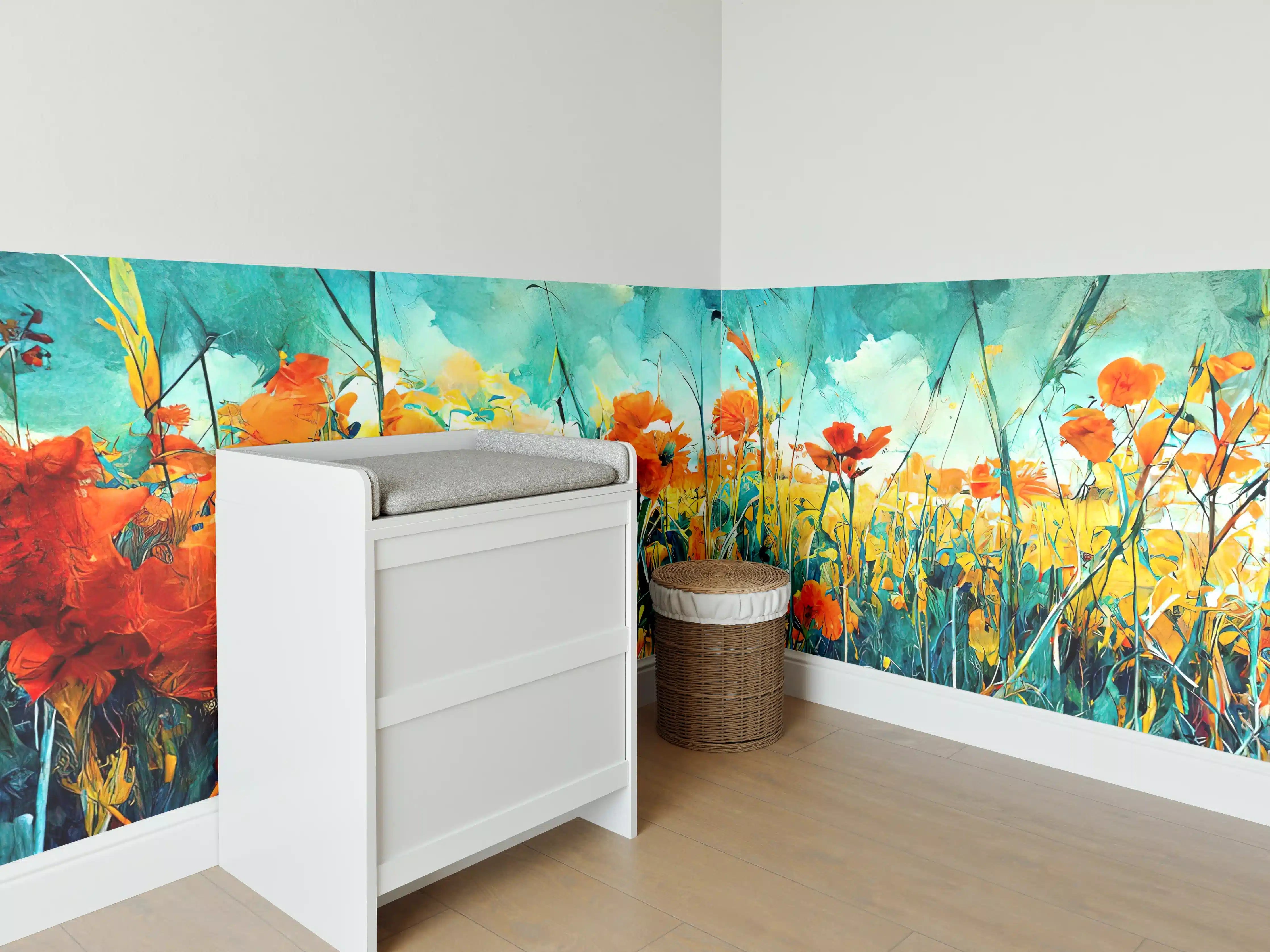 Babyzimmer Wandgestaltung - Lebendige Blumenwiese in Aquarellfarben