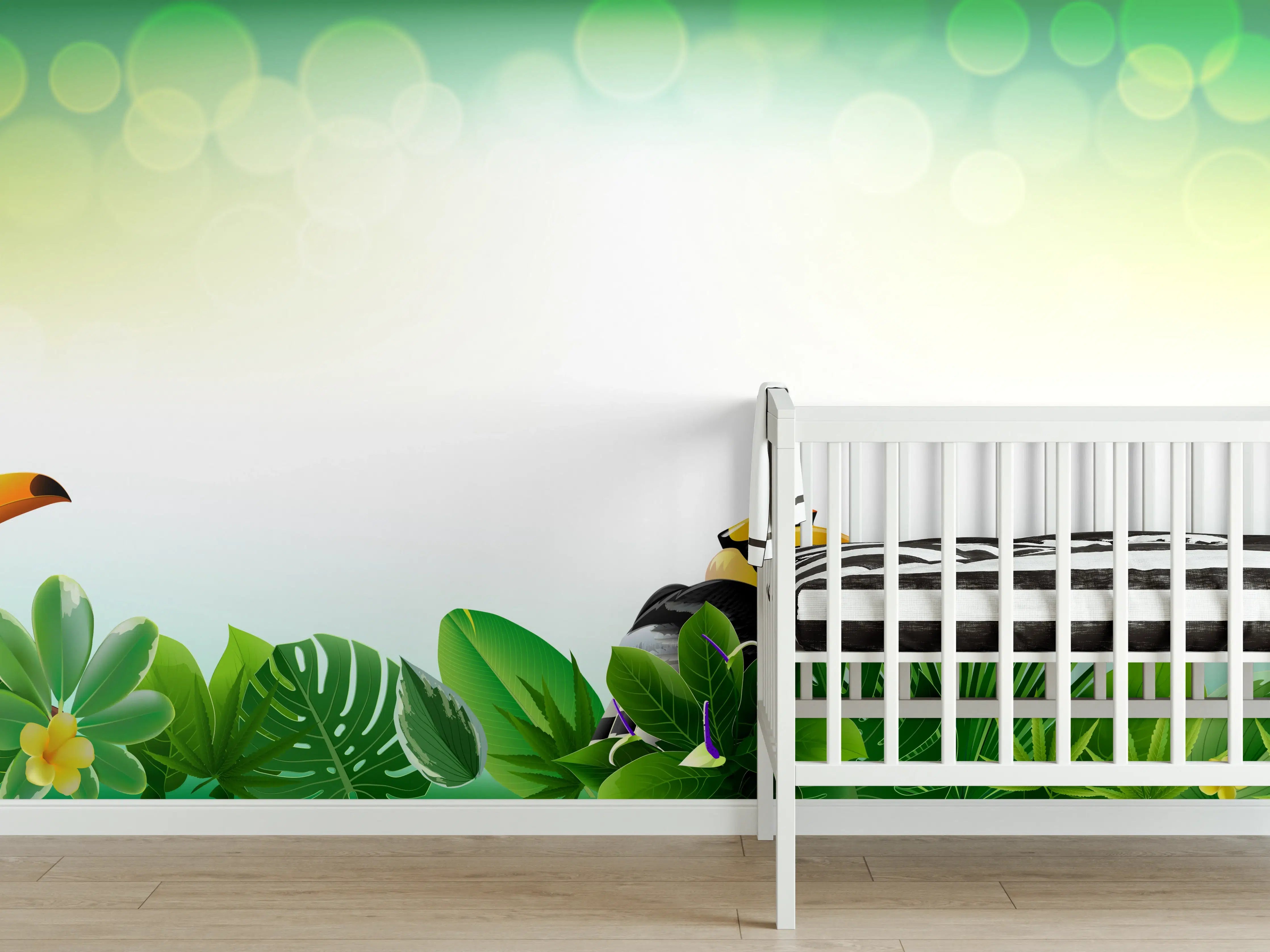 Babyzimmer Wandgestaltung - Lebhafte Dschungelmusik mit exotischen Vögeln und Giraffe