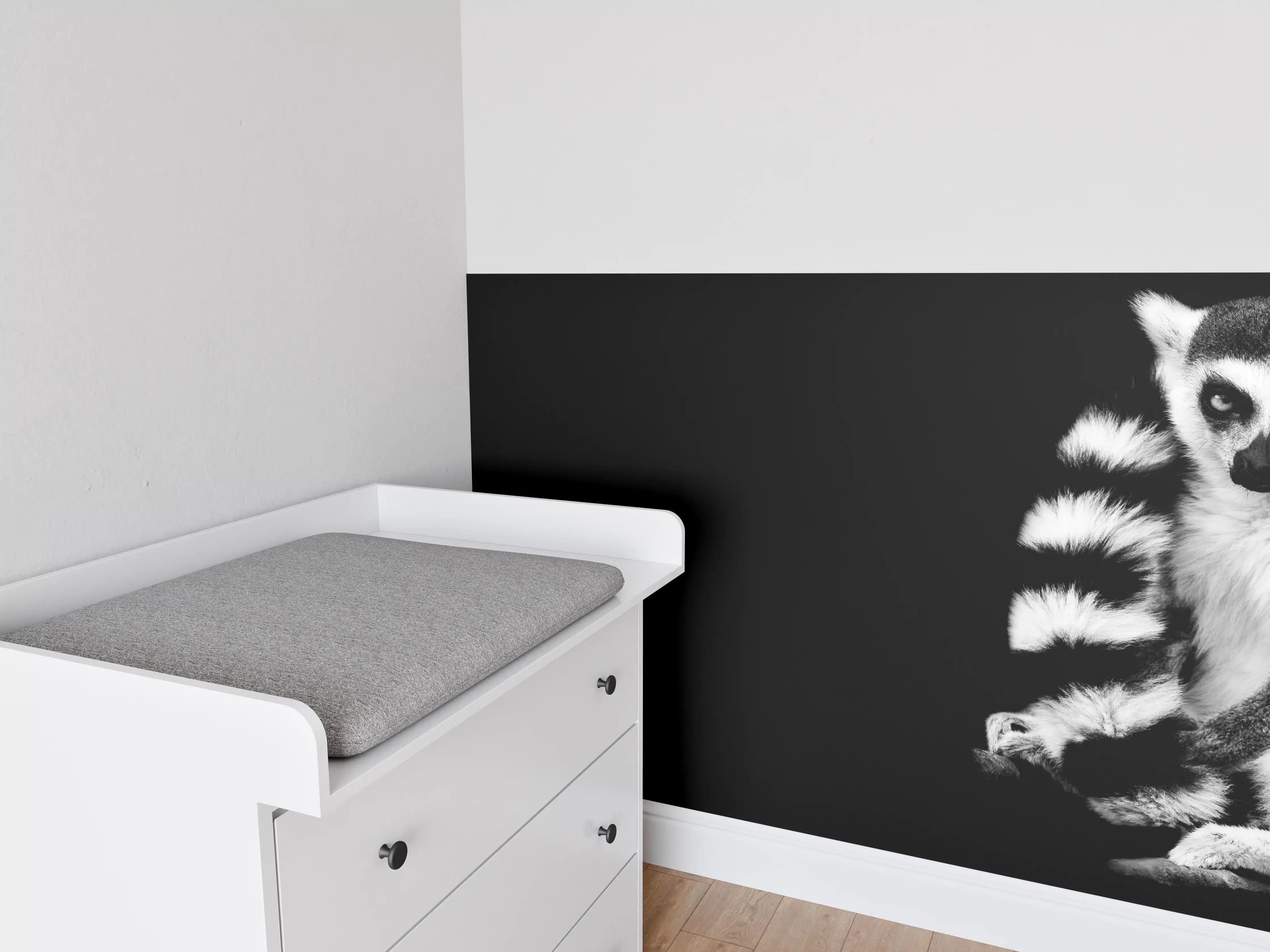 Babyzimmer Wandgestaltung - Lemur auf schwarzem Hintergrund