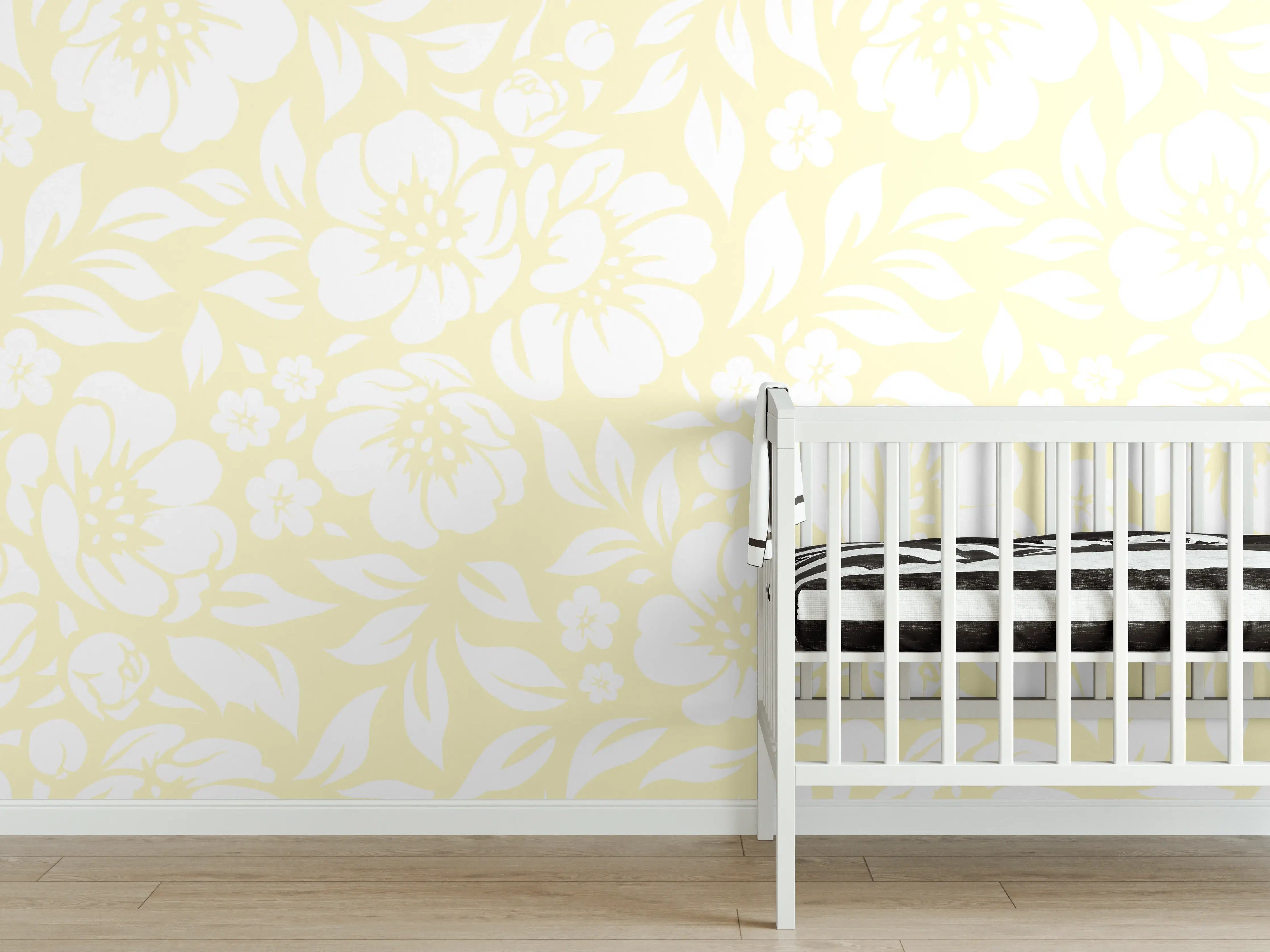 Babyzimmer Wandgestaltung - Leuchtende florale Limone-Creme Muster