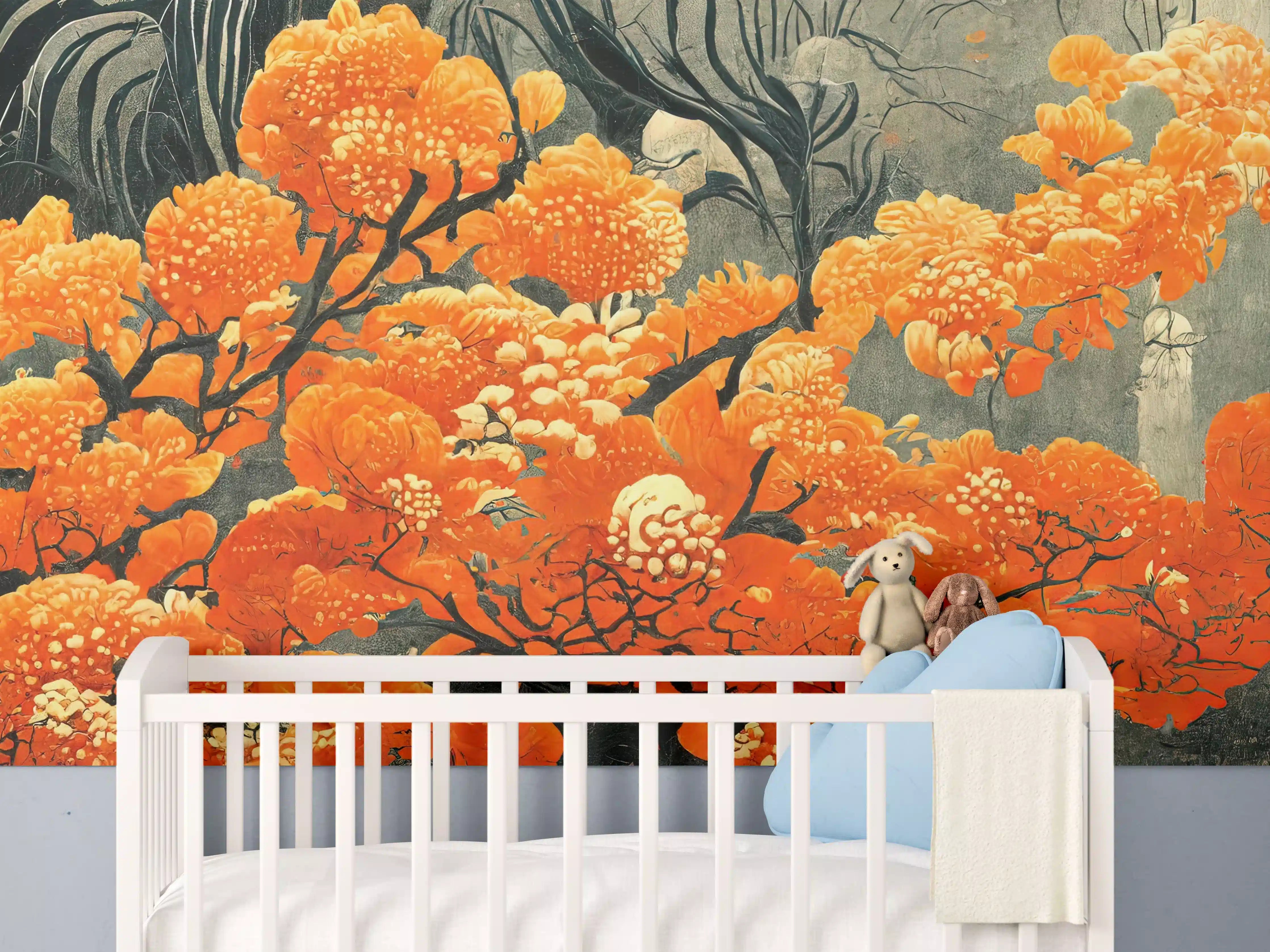 Babyzimmer Wandgestaltung - Leuchtende orange Blüten in altem Gemälde