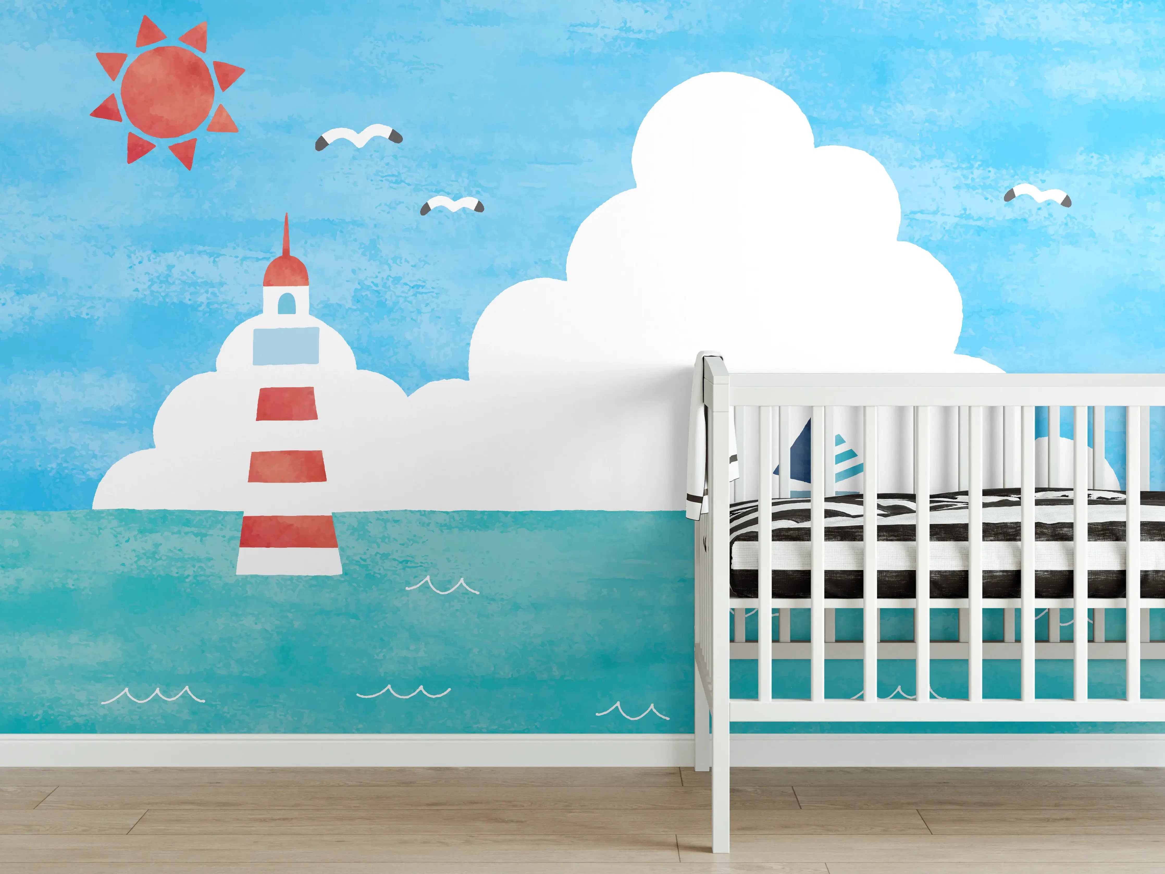 Babyzimmer Wandgestaltung - Leuchtender Aquarell-Leuchtturm