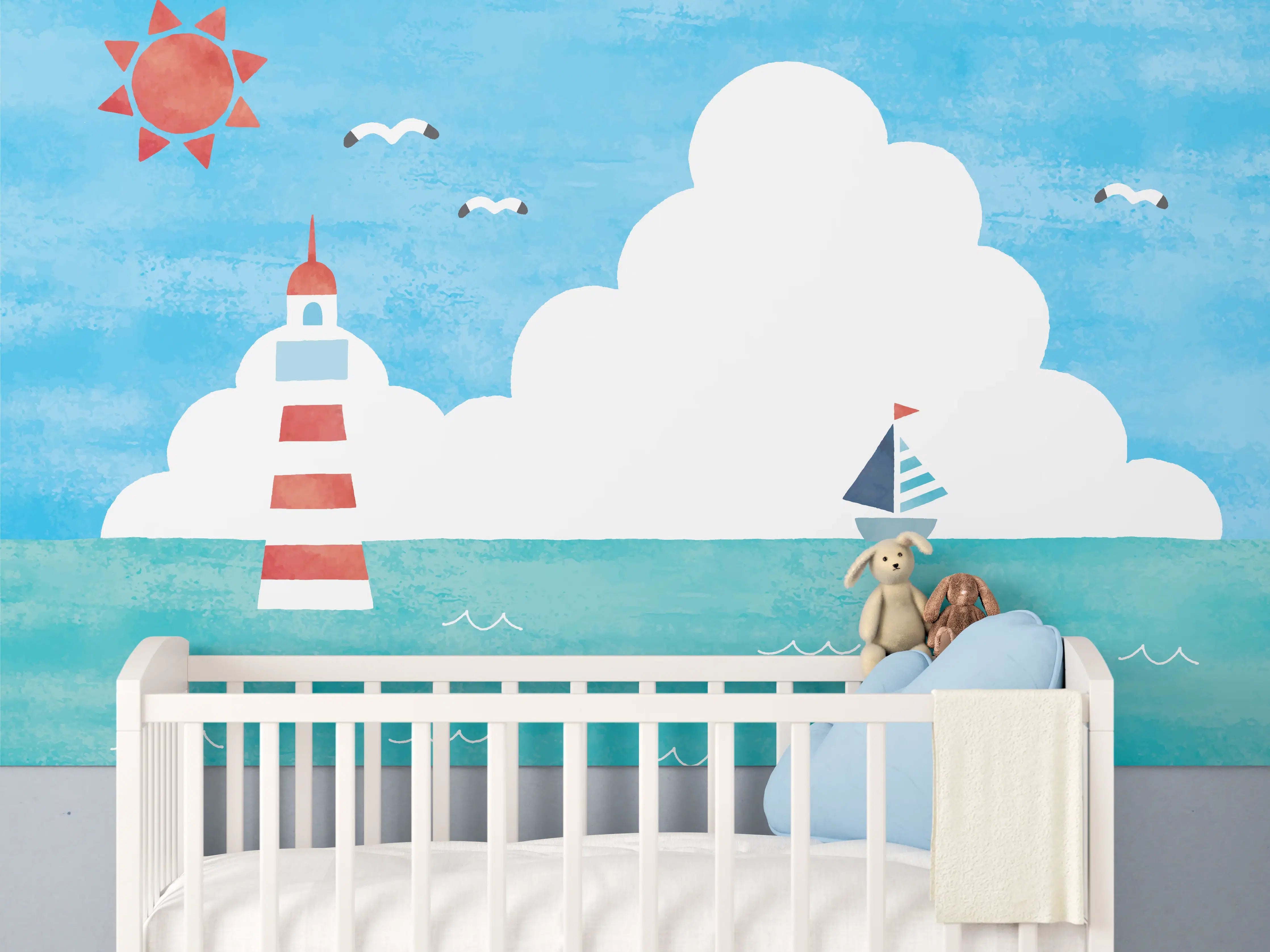Babyzimmer Wandgestaltung - Leuchtturm Aquarell Meer