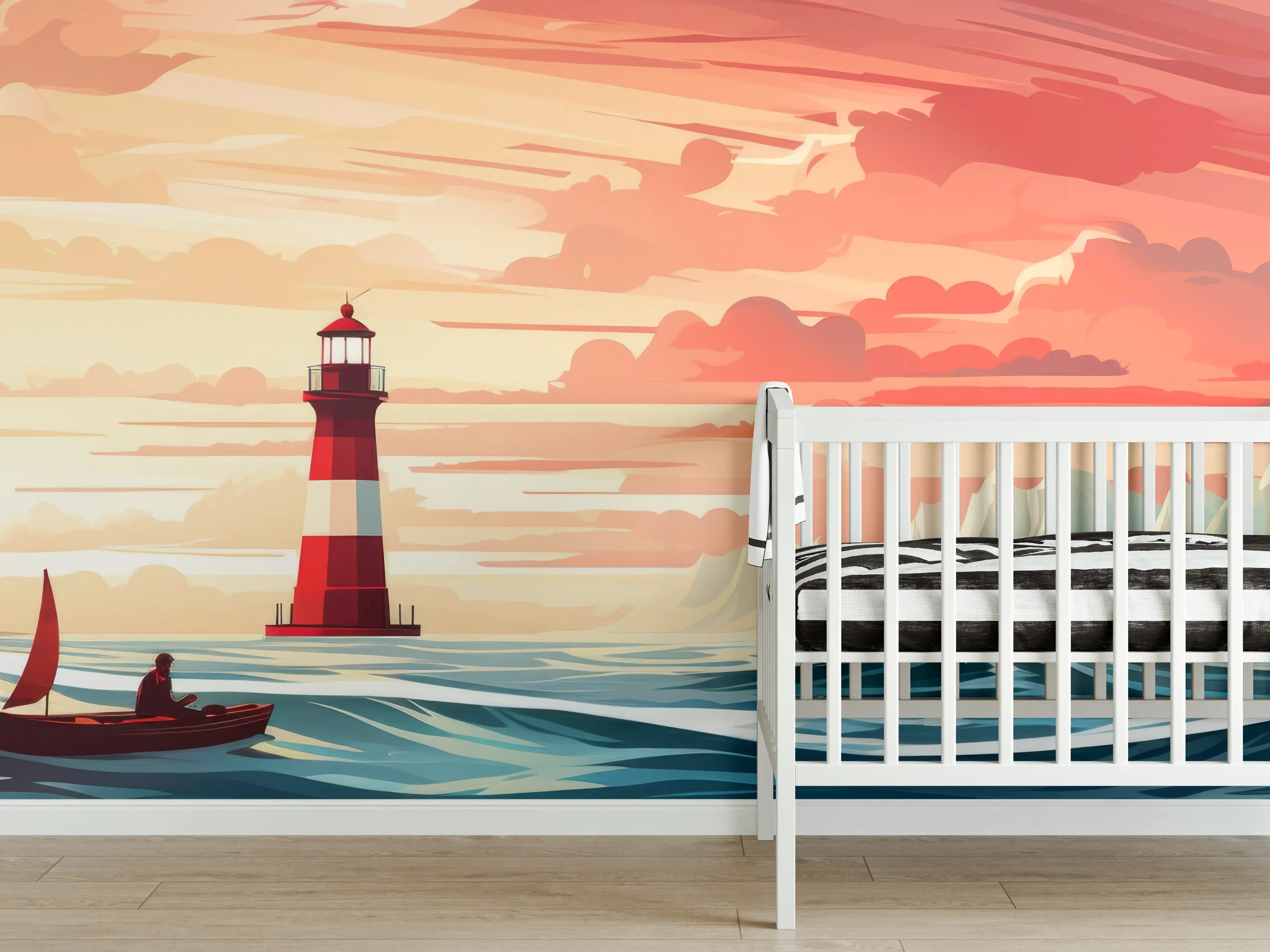 Babyzimmer Wandgestaltung - Leuchtturm am Sonnenuntergang
