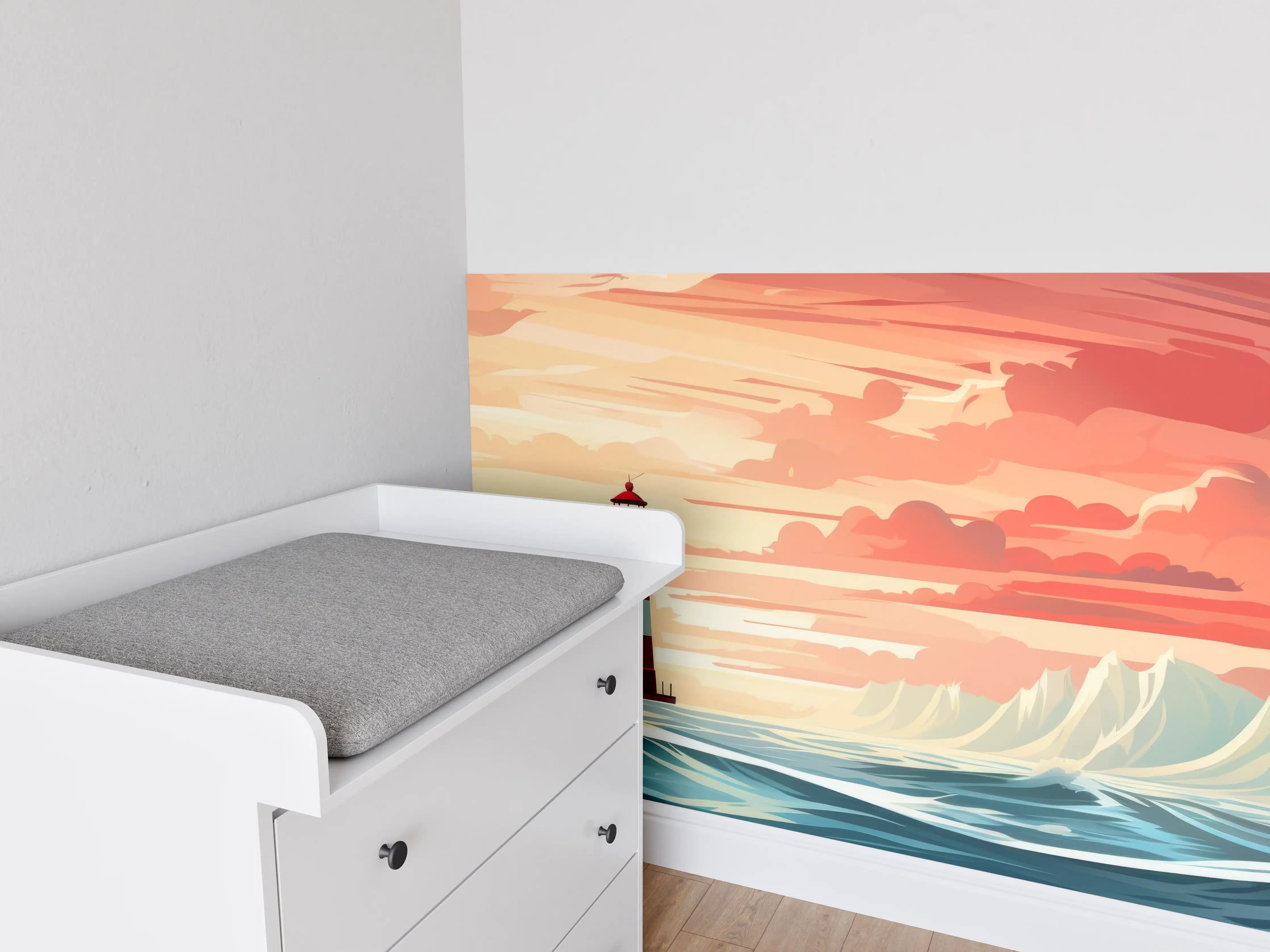 Babyzimmer Wandgestaltung - Leuchtturm am Sonnenuntergang