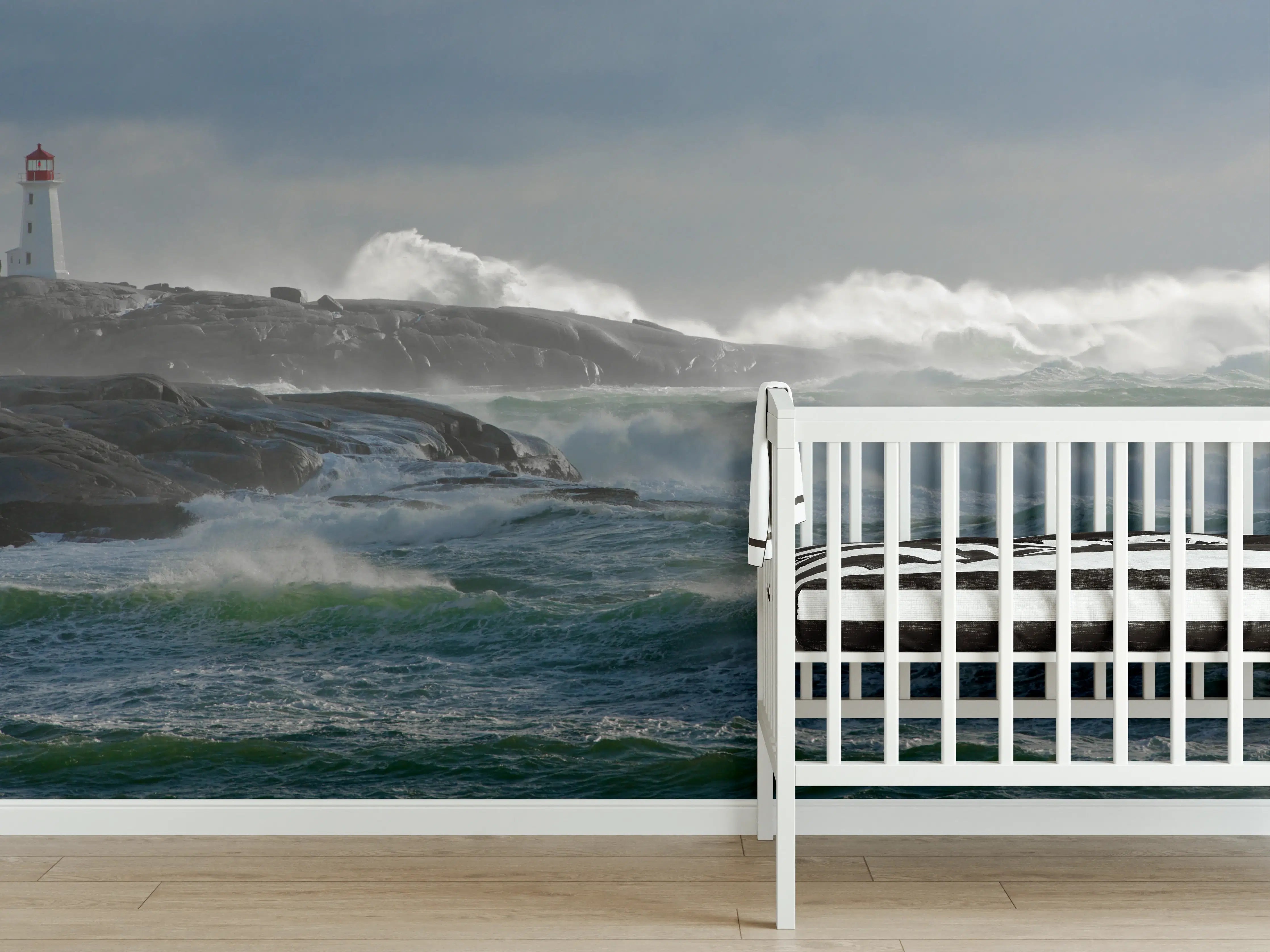 Babyzimmer Wandgestaltung - Leuchtturm am stürmischen Meer