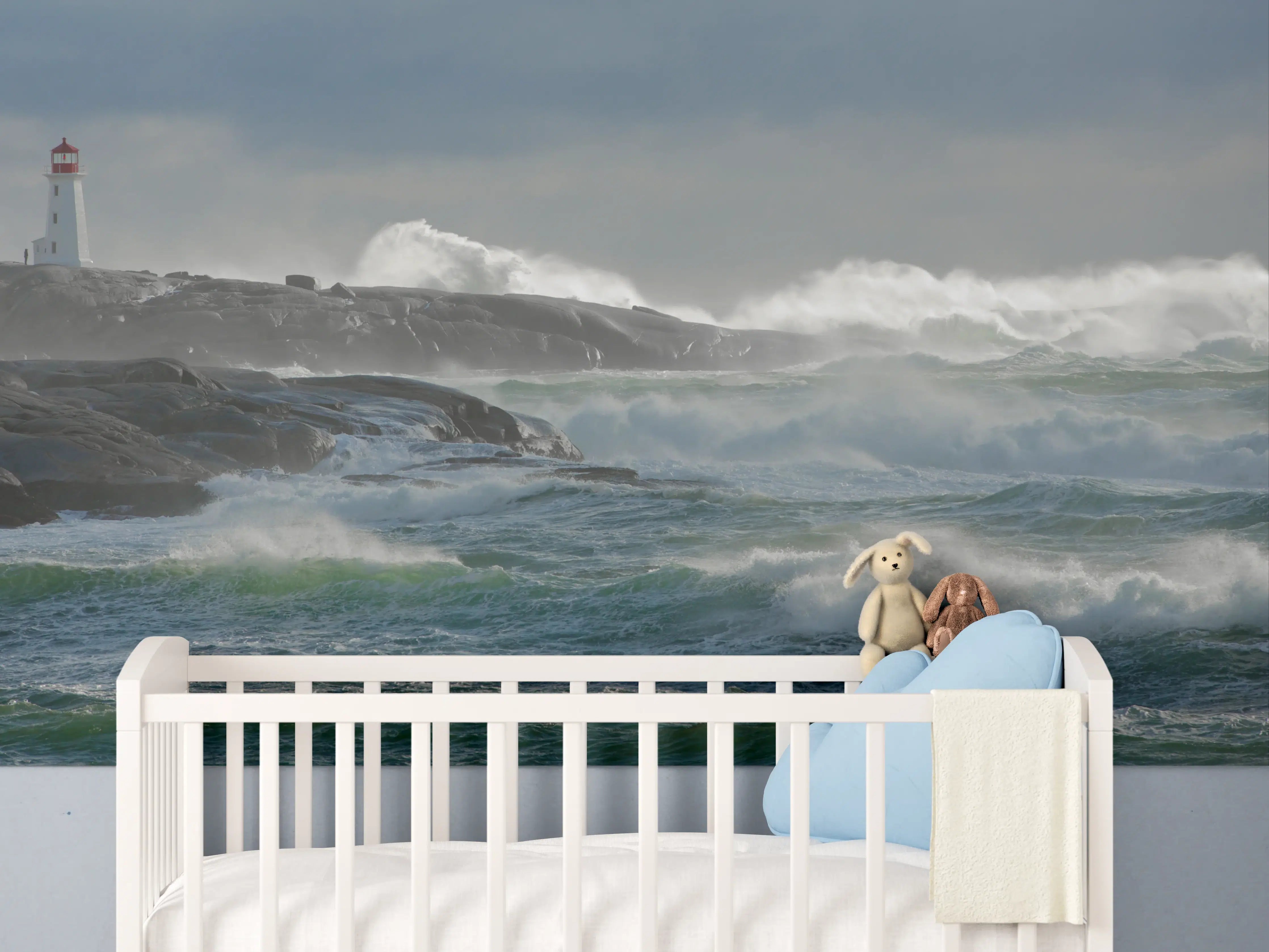 Babyzimmer Wandgestaltung - Leuchtturm am stürmischen Meer