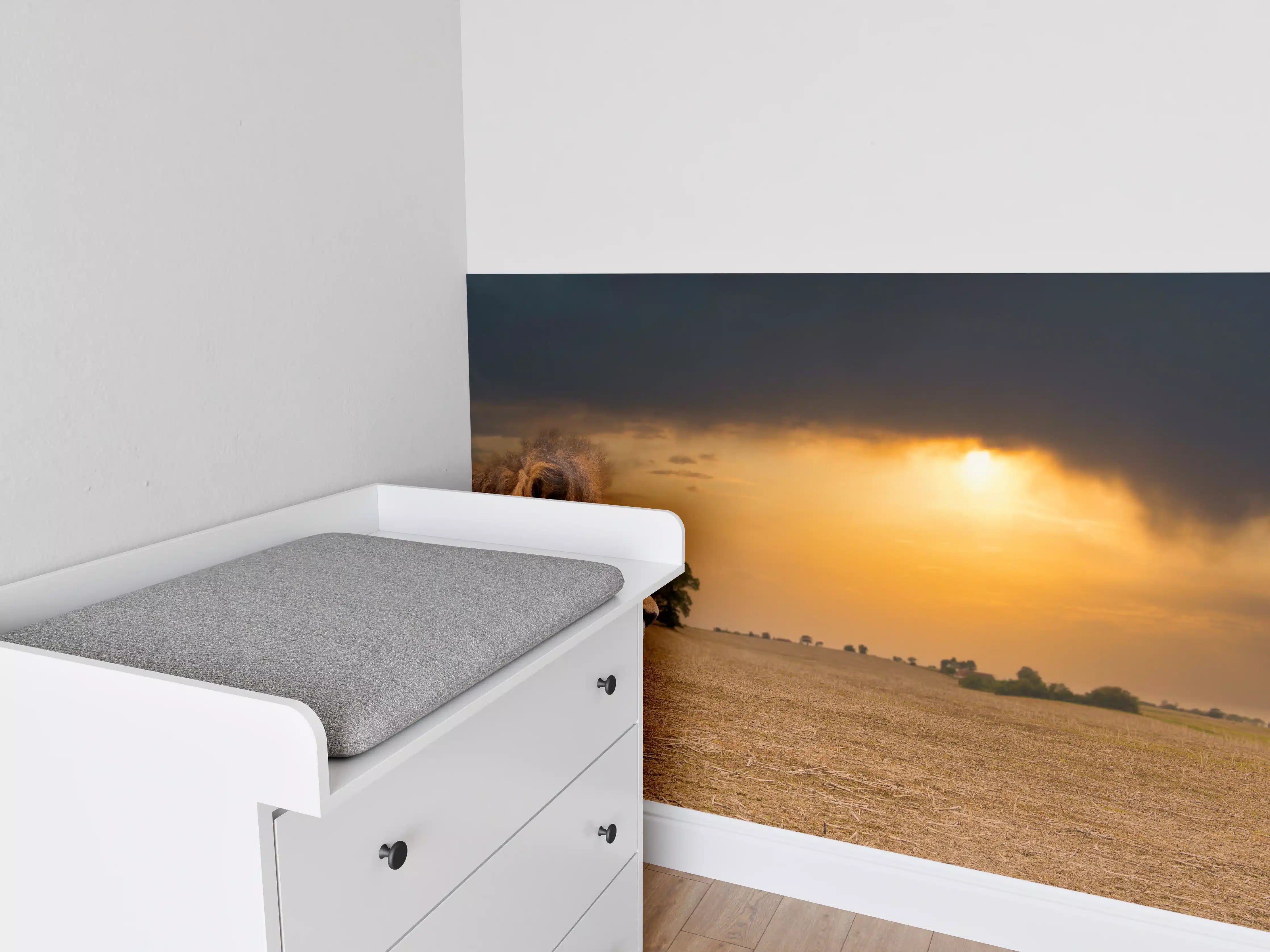 Babyzimmer Wandgestaltung - Löwe in Steppe im Sonnenuntergang