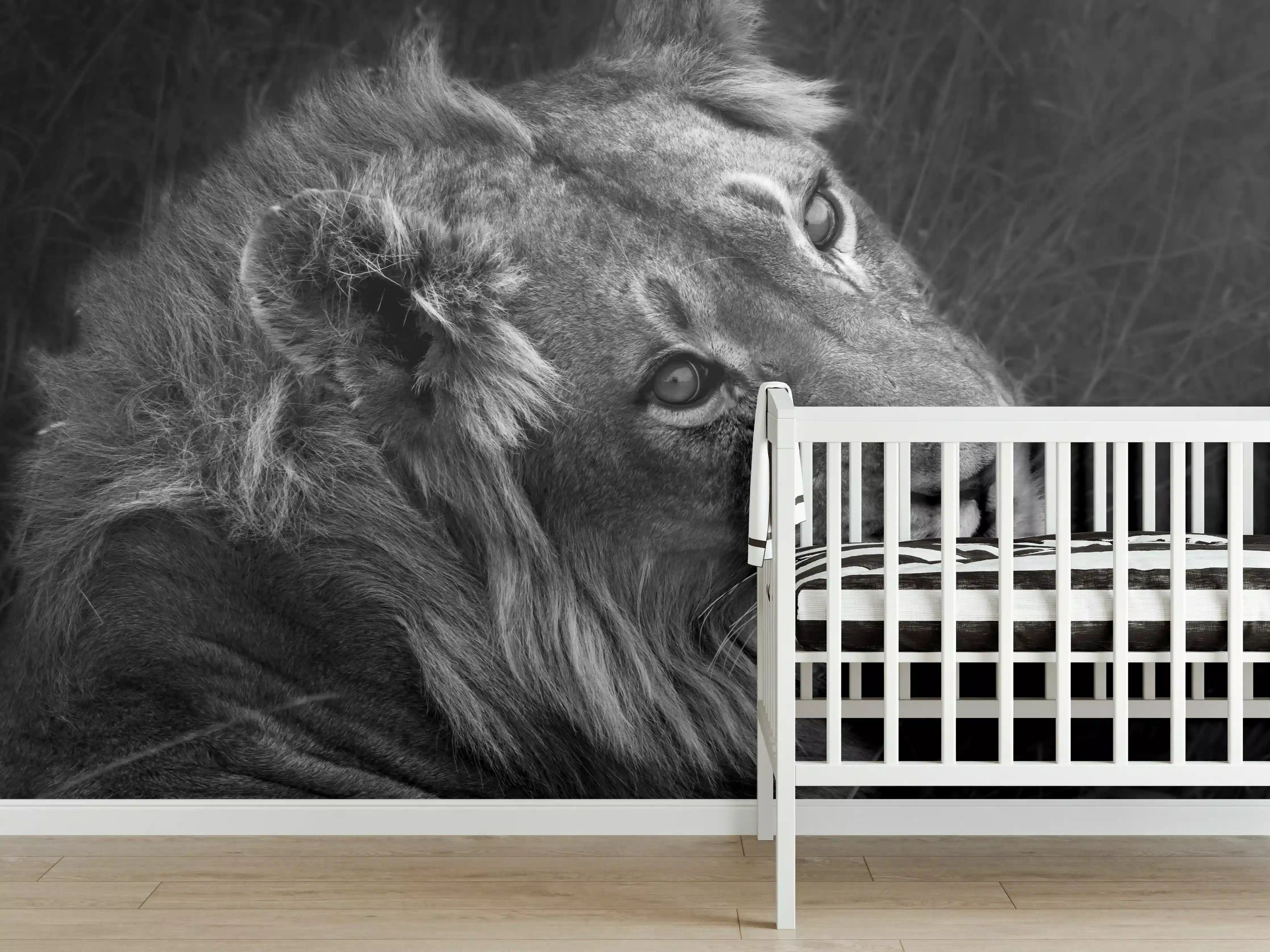 Babyzimmer Wandgestaltung - Löwen Portrait - Schwarz-weiß