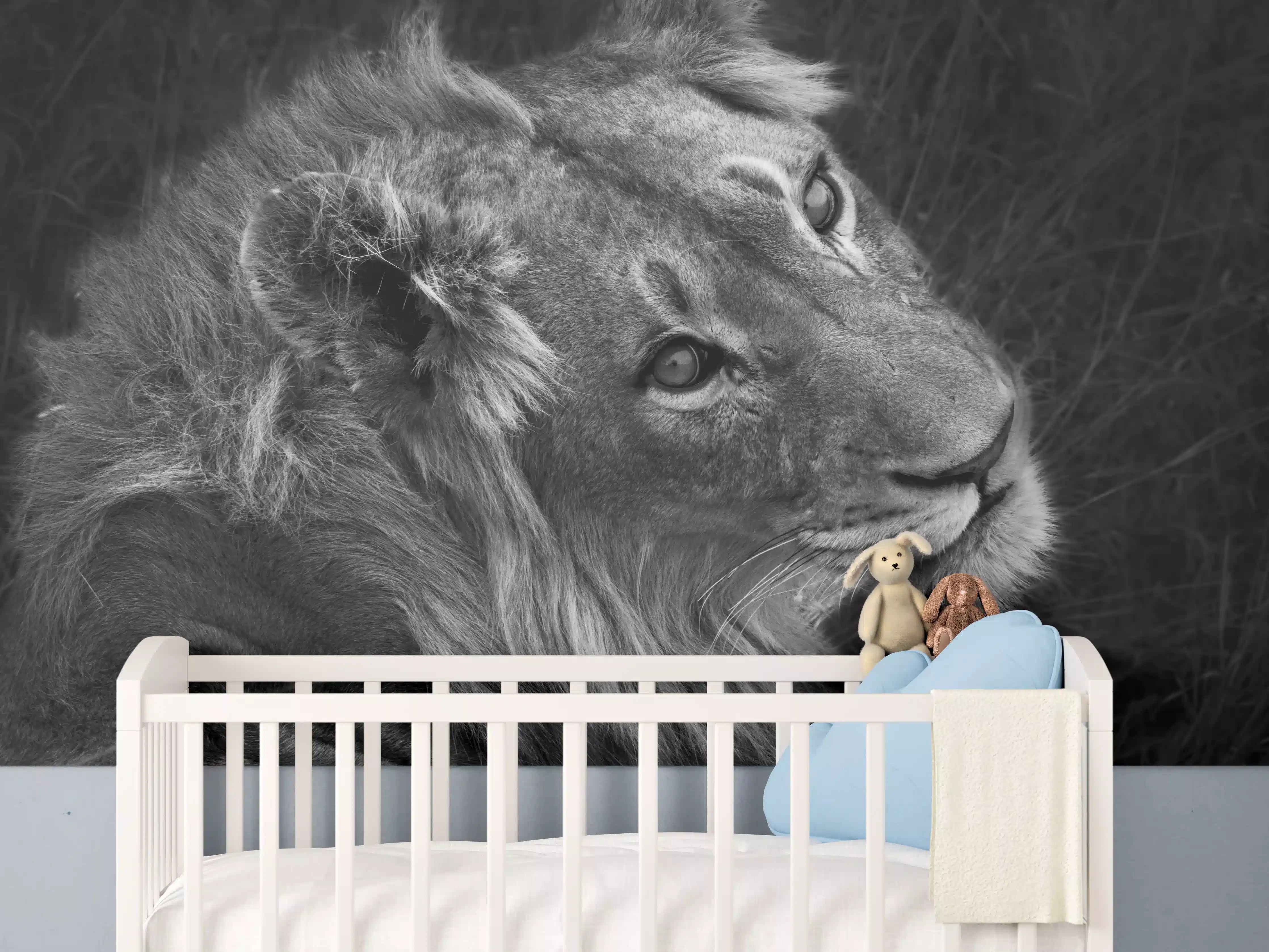 Babyzimmer Wandgestaltung - Löwen Portrait - Schwarz-weiß