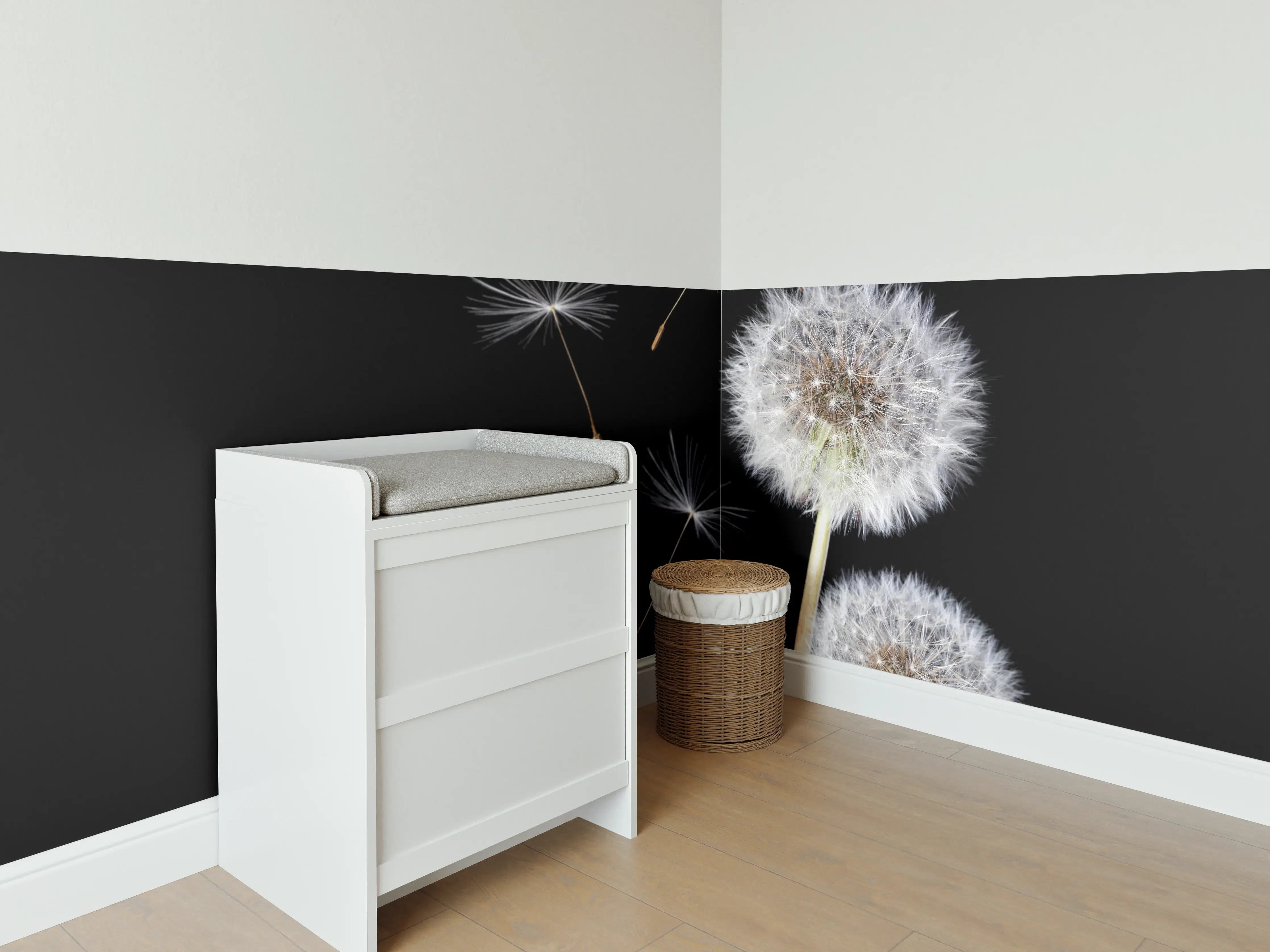 Babyzimmer Wandgestaltung - Löwenzahn auf schwarzem Hintergrund