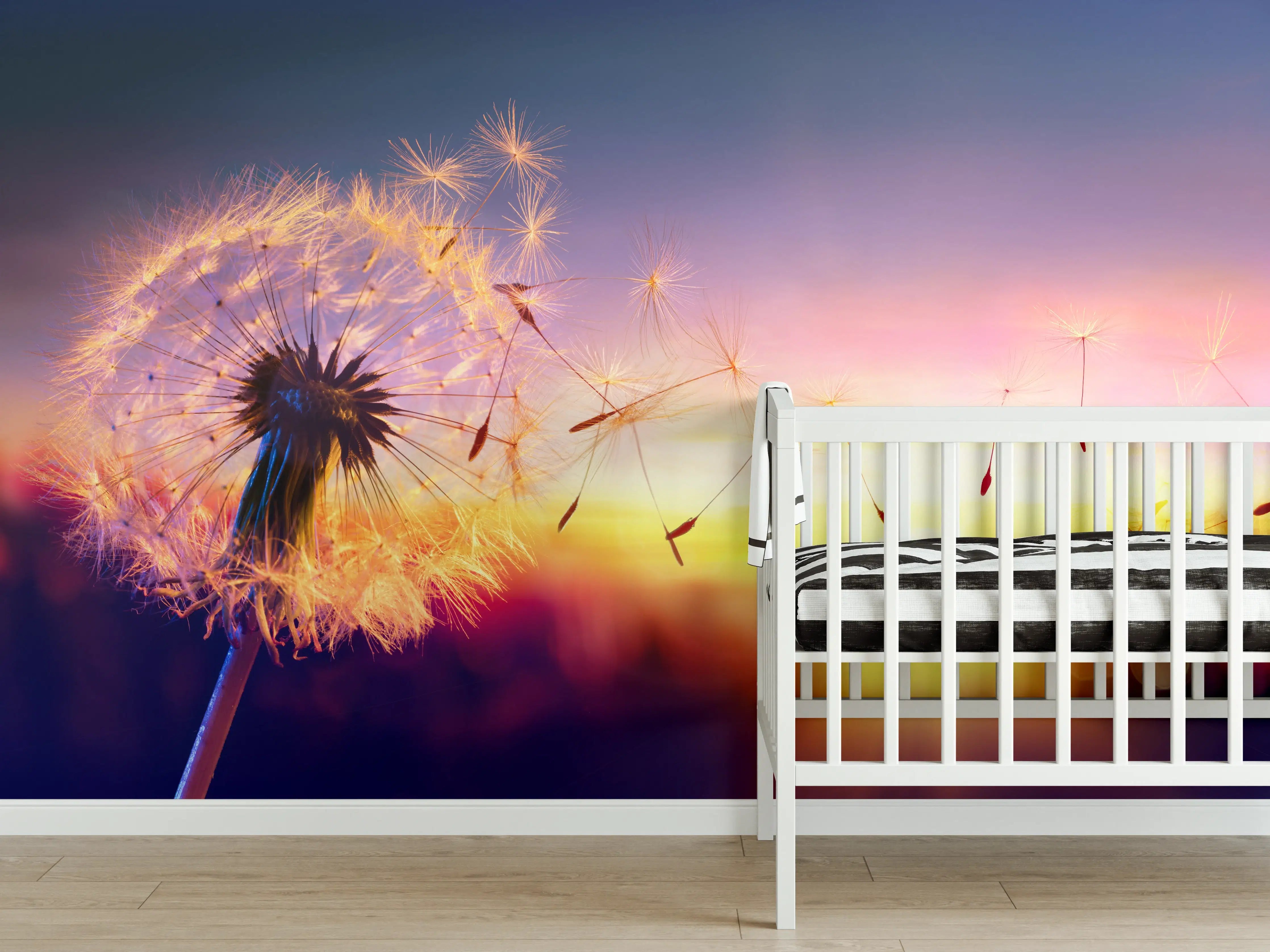 Babyzimmer Wandgestaltung - Löwenzahn im Wind bei Sonnenuntergang